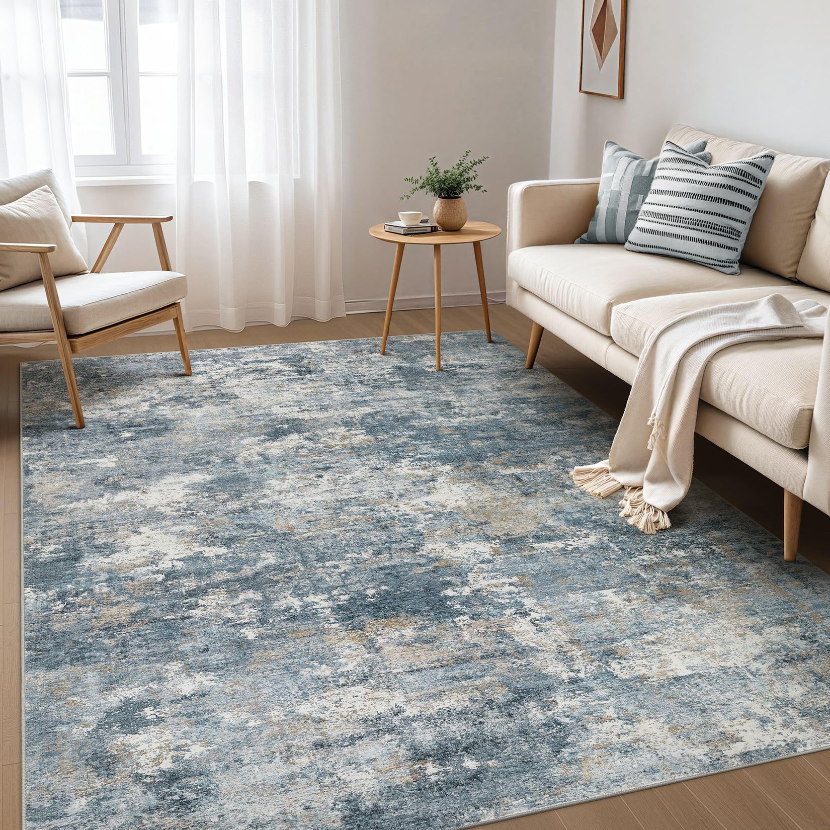 OMOMMD - Blue Washable Boho Moroccan Area Rug Soft Non Slip Stain Resistant Indoor Floor Carpet F...
