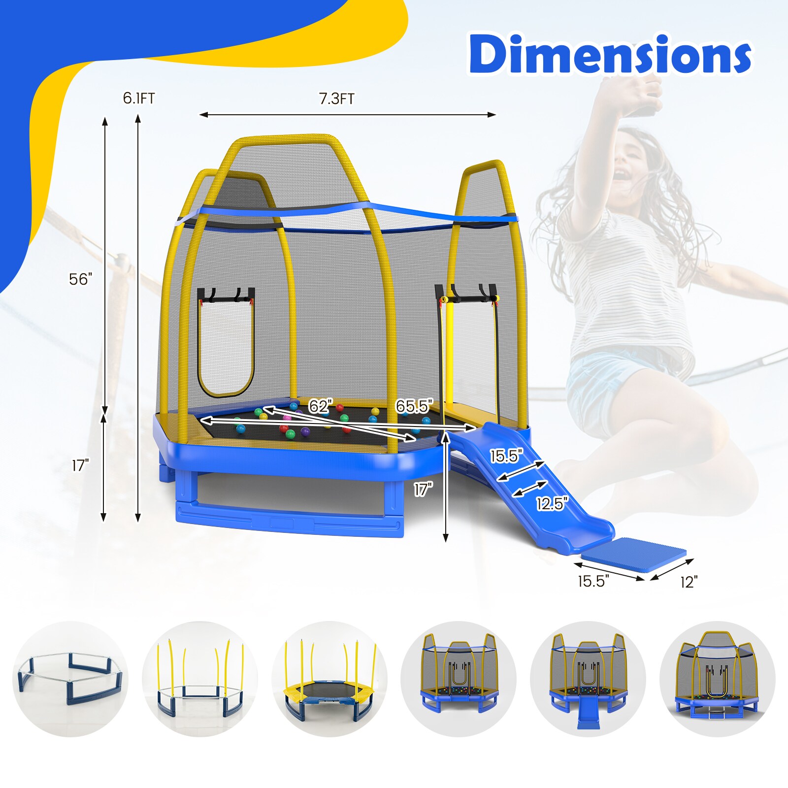 SUGIFT 7-ft Trampoline with Ladder and Slide Enclosure Net EPE Foam Poles and 600-lb Capacity for Ages 3 and Up - Blue