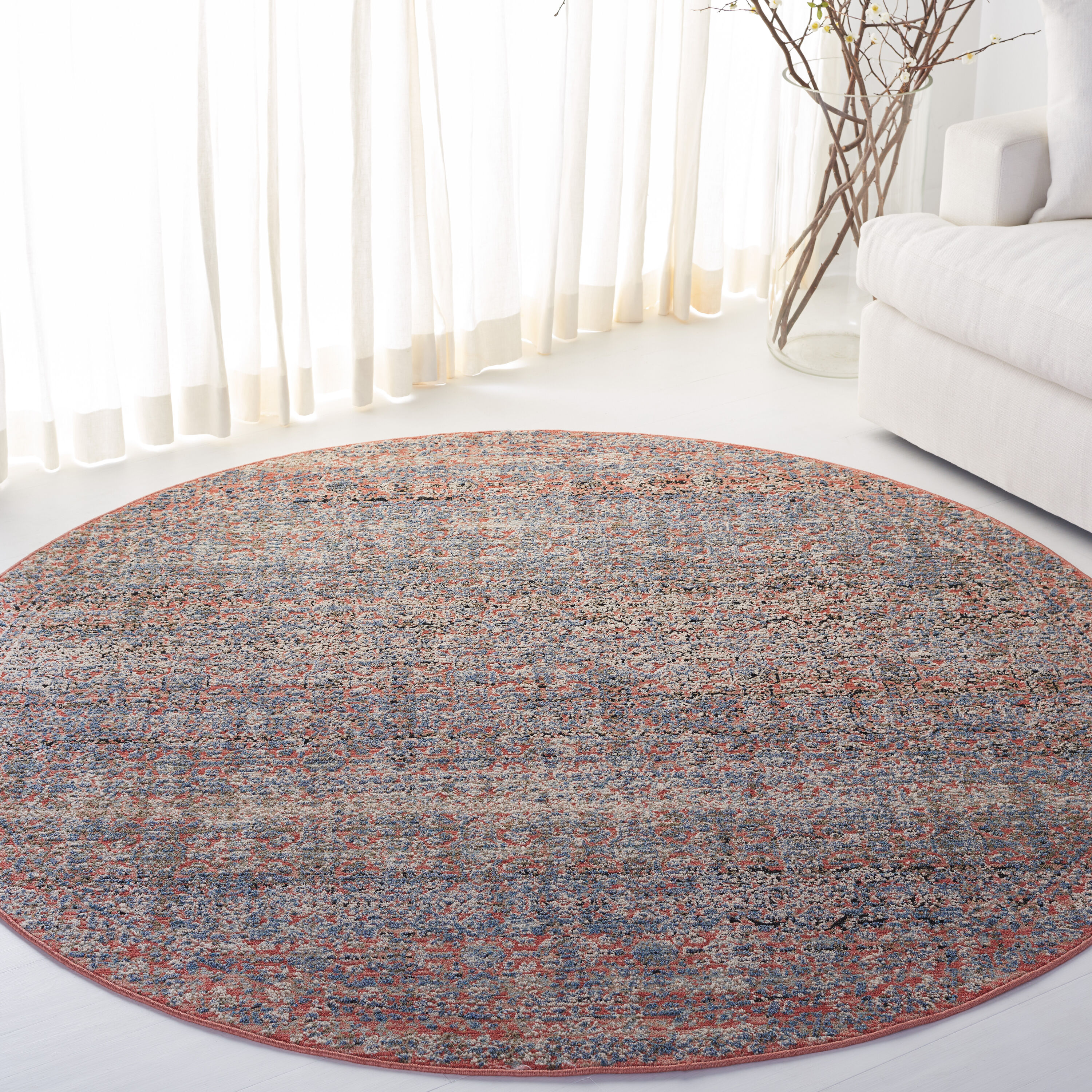  Shelton Navy/Rust Traditional 6ft-7in x 6ft-7in Round Rug