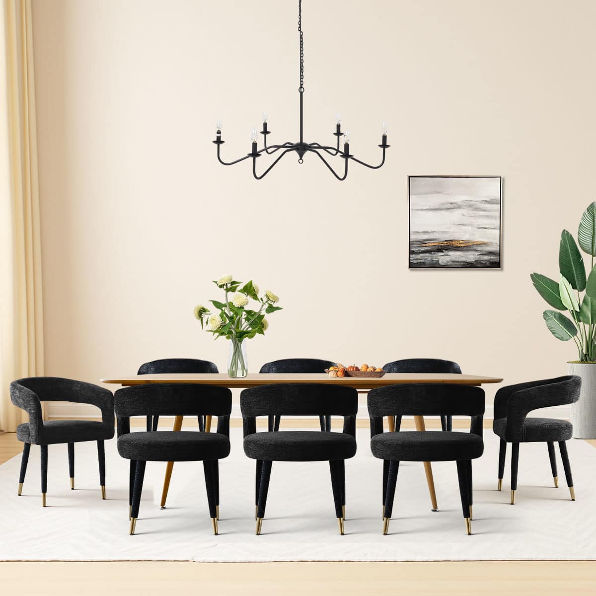 Maison Boucle Set of 8 Modern Black Upholstered Dining Chairs with Curved Back and Sleek Gold Metal Legs