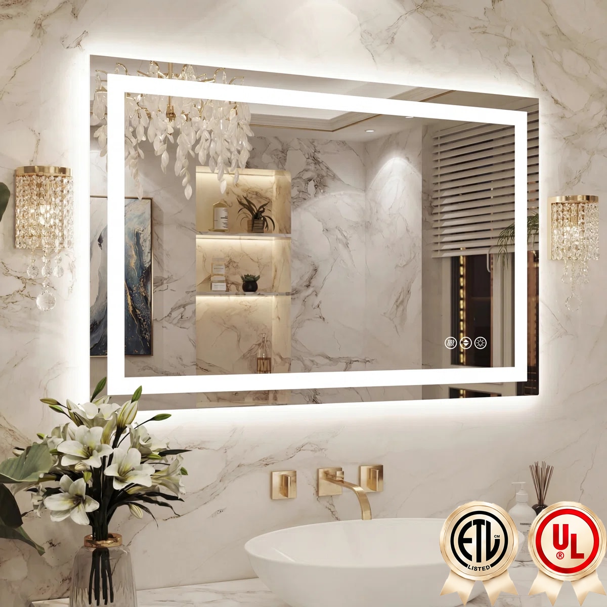 YQP UL Certified 48-in x 36-in Rectangle Backlit and Frontlit Dimmable LED Lighted Fog Free Tempered Glass Bathroom Vanity Mirror