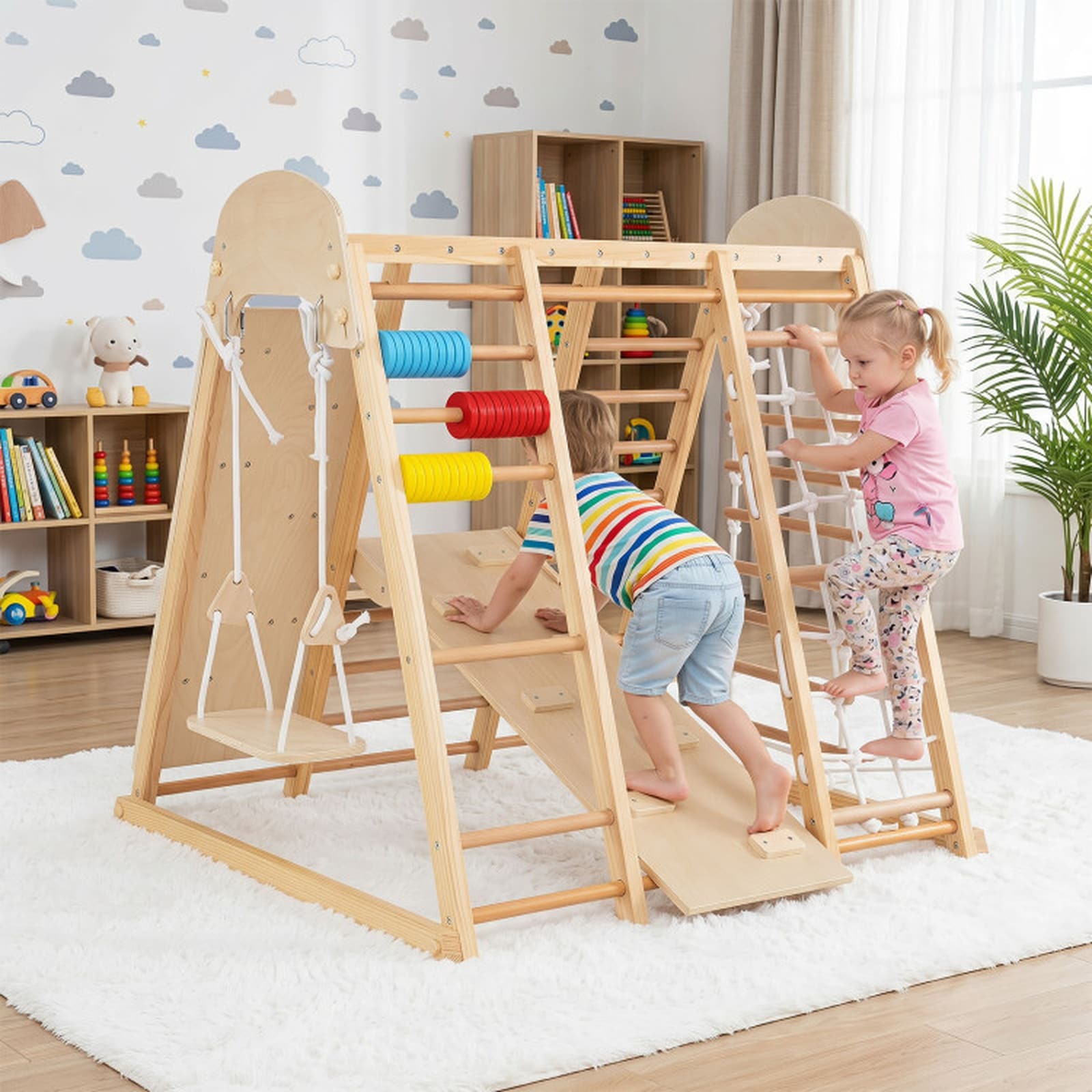 SUGIFT 8-in-1 Indoor Jungle Gym for Kids Foldable Climber with Swing Monkey Bars and Climbing Net - Natural