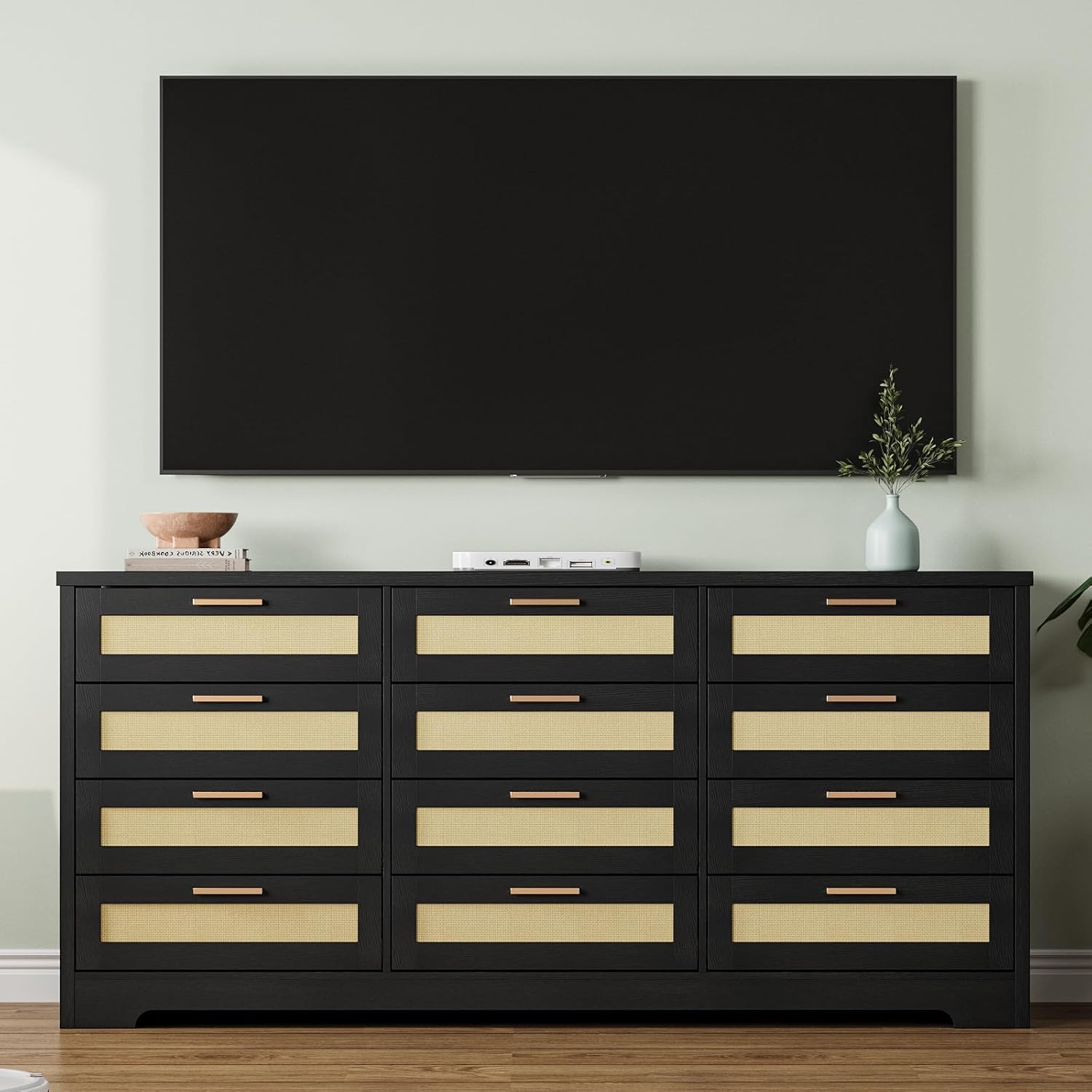 Der Rose DRESSERS-891 12 Drawer Dresser Rattan Chest of Drawers/Wood Storage Organizer with Rattan Panel Drawers and Handles/Black