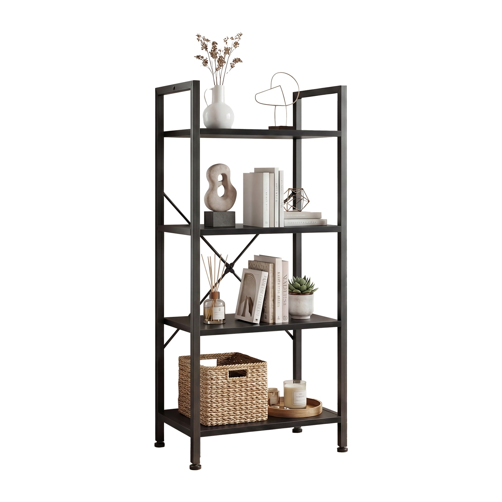 Sweetcrispy 4-Tier Black Metal Bookshelf with Adjustable Leveling Feet(15.7-in W x 39.4-in H x 11.8-in D)