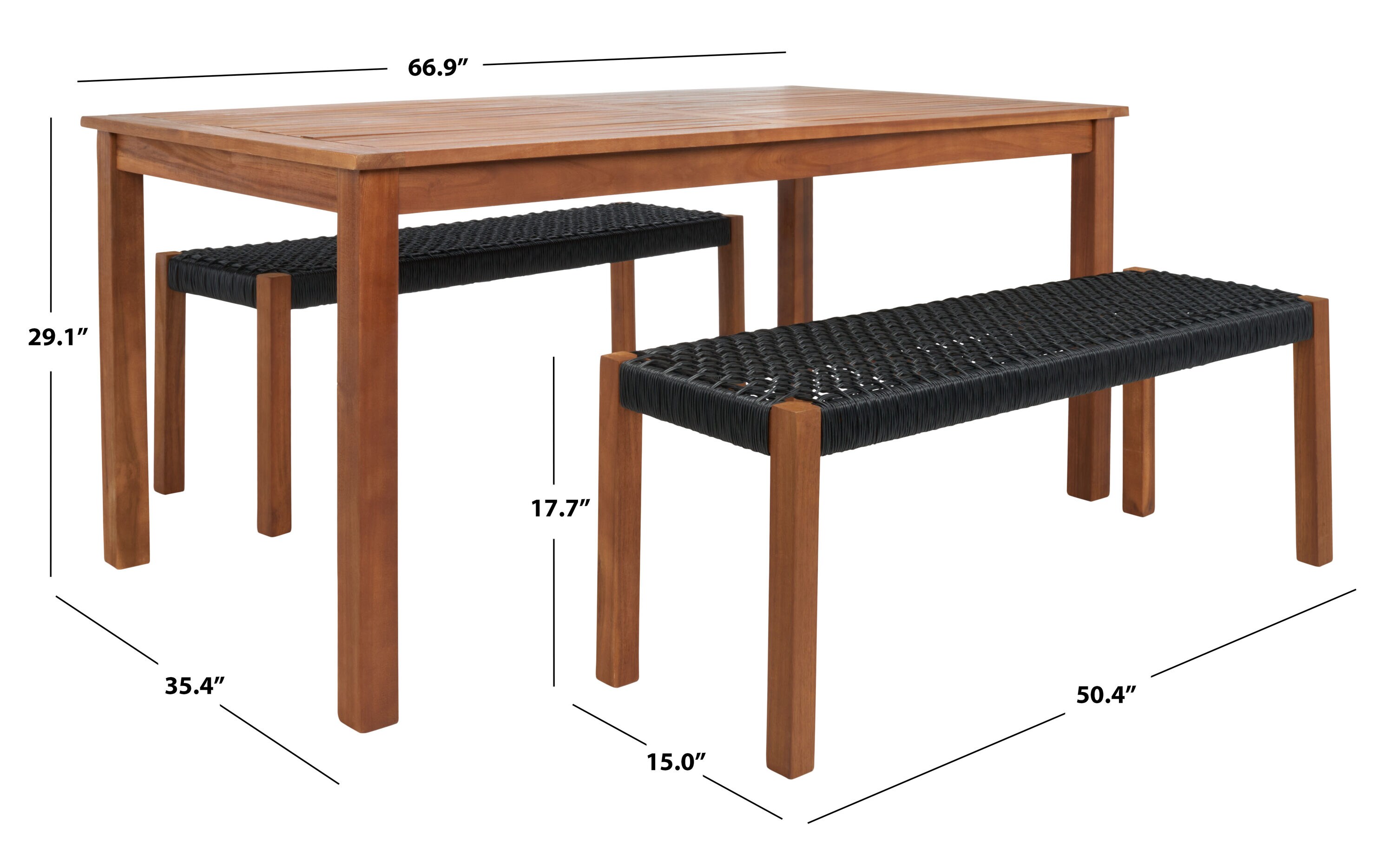 Natural Acacia and Black Woven Rattan 4-Person Patio Dining Set