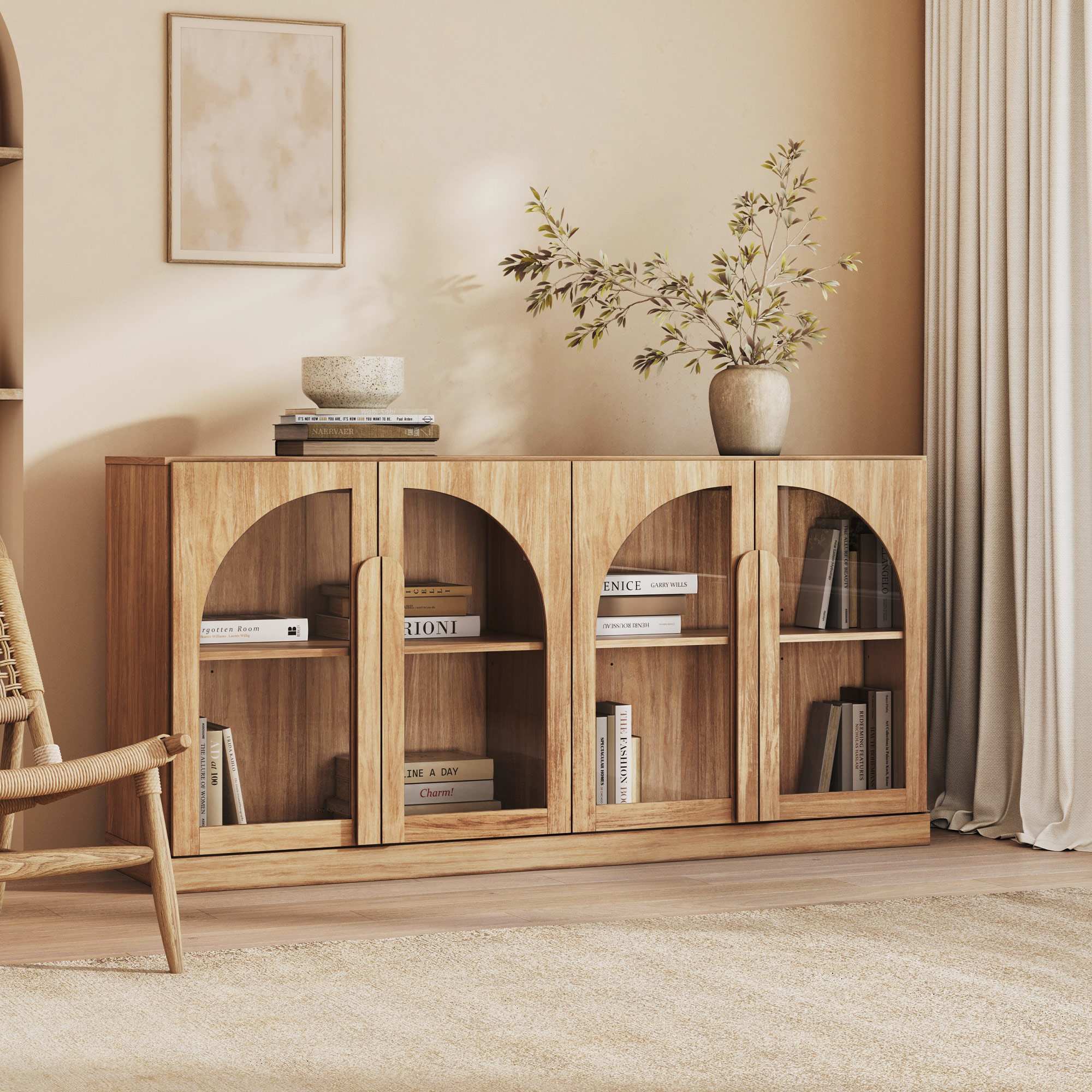 Belleze - Camel 64 Inch Modern Buffet Sideboard with Arched Glass Door