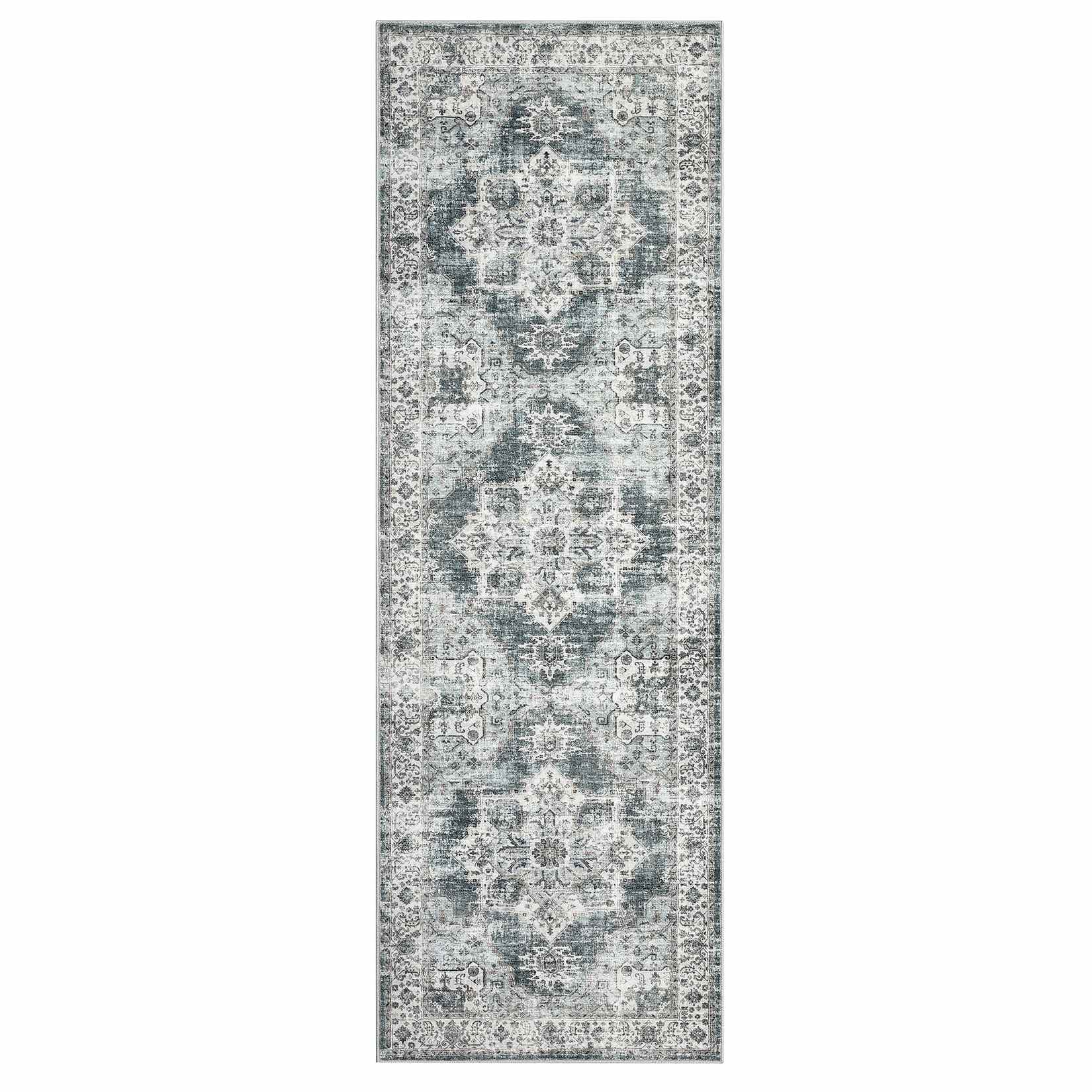 Qeetex LSN-PHK-338YLEY7 2 x 6 ft Polyester Wool Spinning Green Rectangular Hallway Bathroom Entryway Kitchen Office Foldable Flower Printed Persian Washable Area Rug