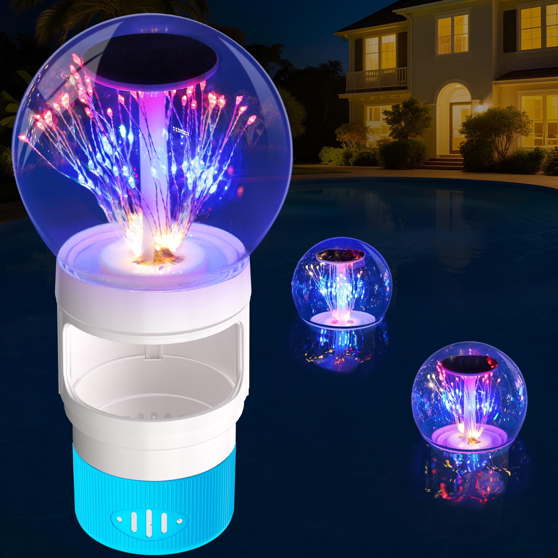 ITOPFOX  Pool Chlorine Floater Firework Light Solar Powered Adjustable Floating Chlorine Dispenser for Pools Hot Tubs Collapsible Design Holds 3