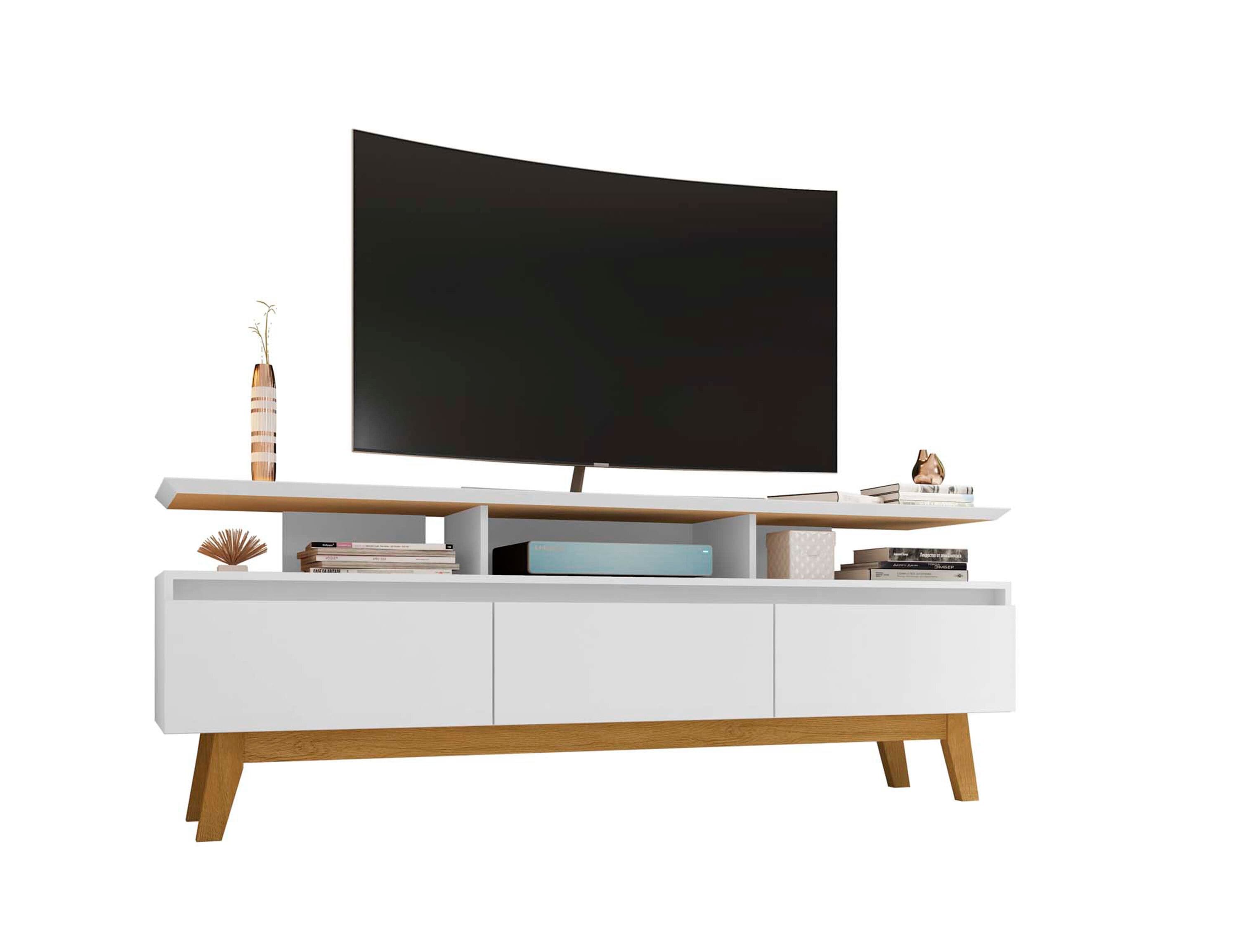 Mid-Century Modern White TV Stand with Open & Concealed Storage, 70.86"