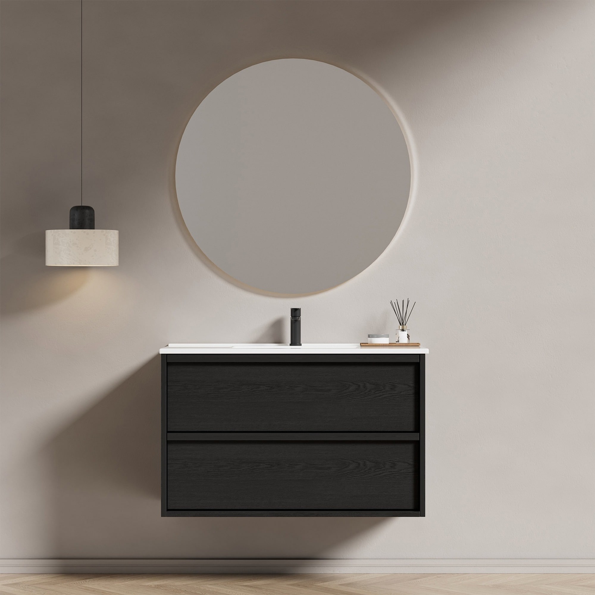 IAK 36 inch Gray Wall Mounted Floating Fluted Bathroom Vanity Cabinet with Ceramic Sink and Drawers
