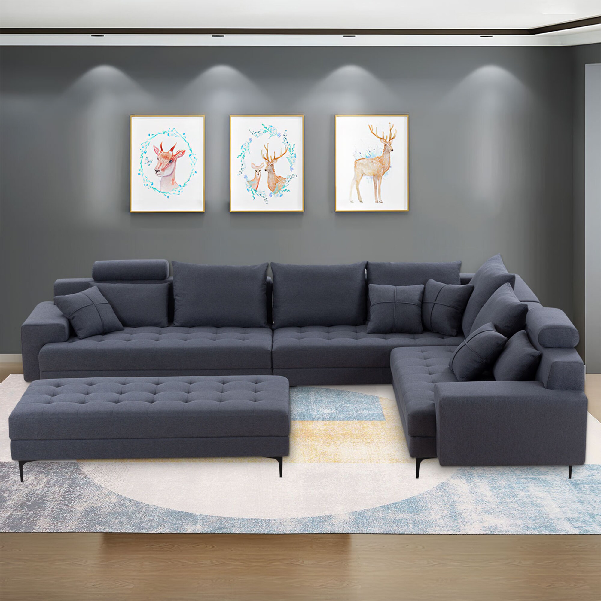 Clihome Dark Grey Sectional Sofa 144.48-in Modern Gray Polyester/Blend ...