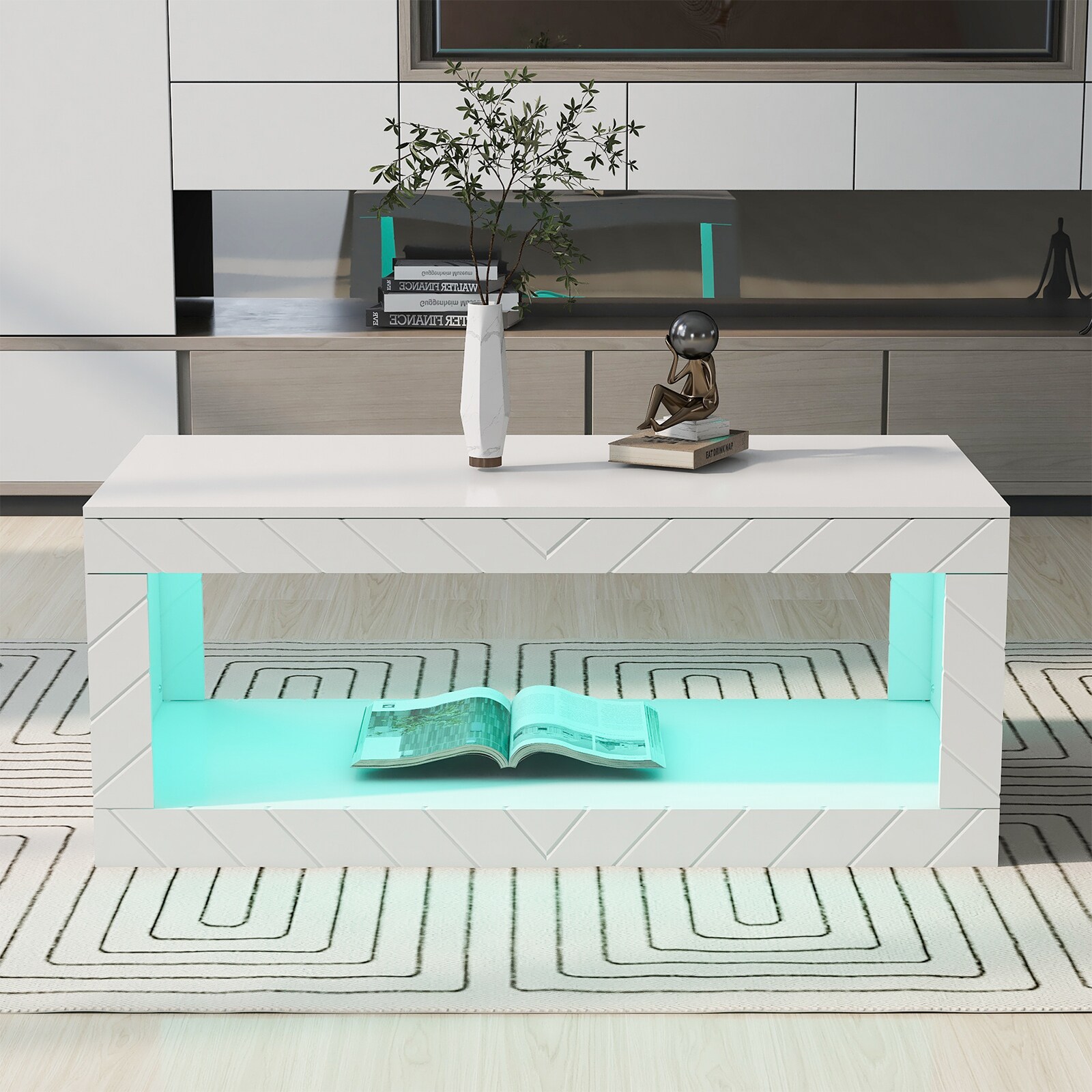 WELLFOR CHY-CF035USBL LED Lighted Coffee Table White MDF Modern Coffee Table