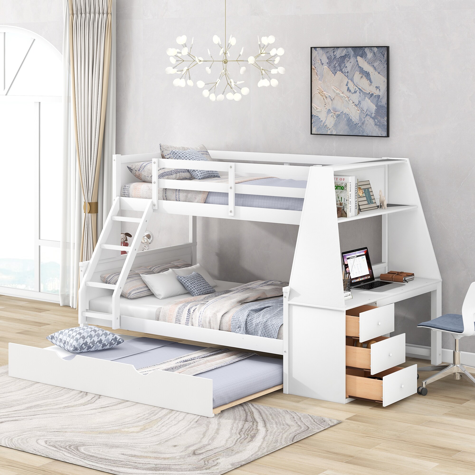 Bellemave Twin Over Full Bunk Bed Frame with Trundle and Built In Desk