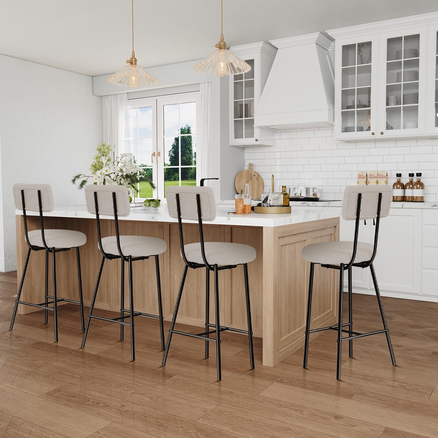 GAOMON - Lambswool Upholstered Bar Stools Set of 4 Counter Height Round Seat Curved Back H-Shaped...