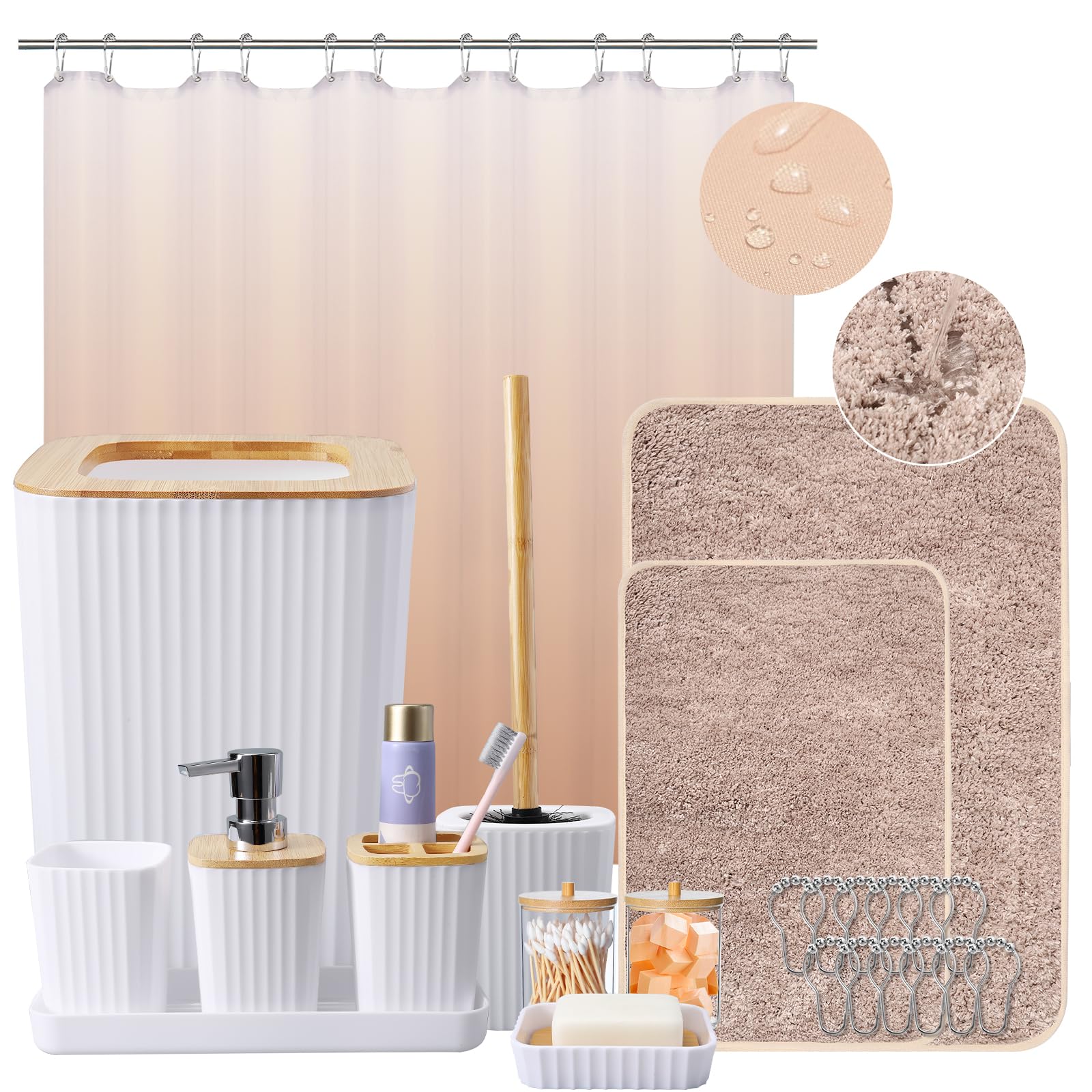 Numhew 24-Piece Plastic White and Gold Bathroom Accessory Set with Shower Curtain Rug Trash Can Soap Dispenser Soap Dish Toilet Brush Toothbrush Holder Cup Tray Q-Tip Holders