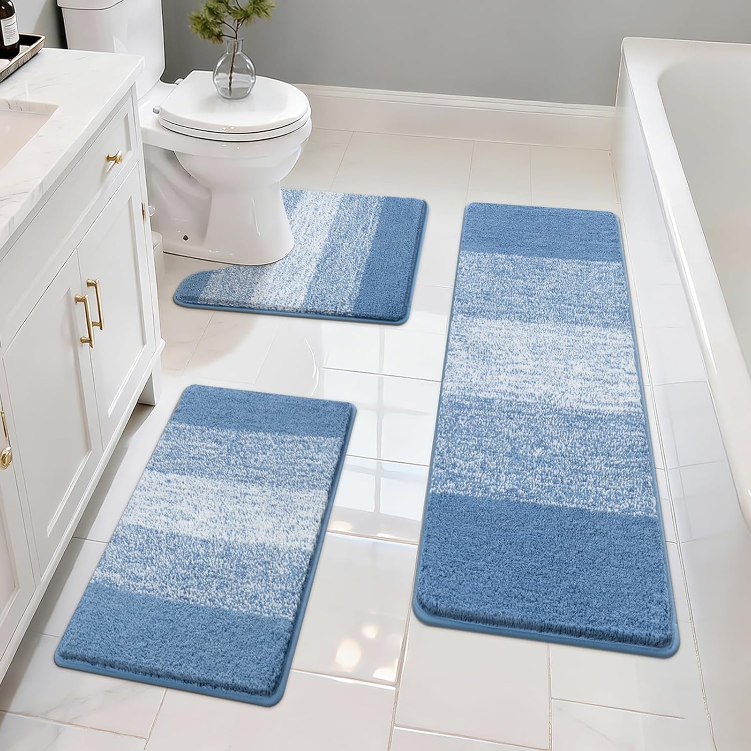HEBE  Bathroom Rugs Set 3 Piece Non Slip Washable Microfiber Absorbent Bath Mat Floor Carpet Extra Soft Quick Dry Shower Rug U-Shaped Contour Toilet Mats Blue