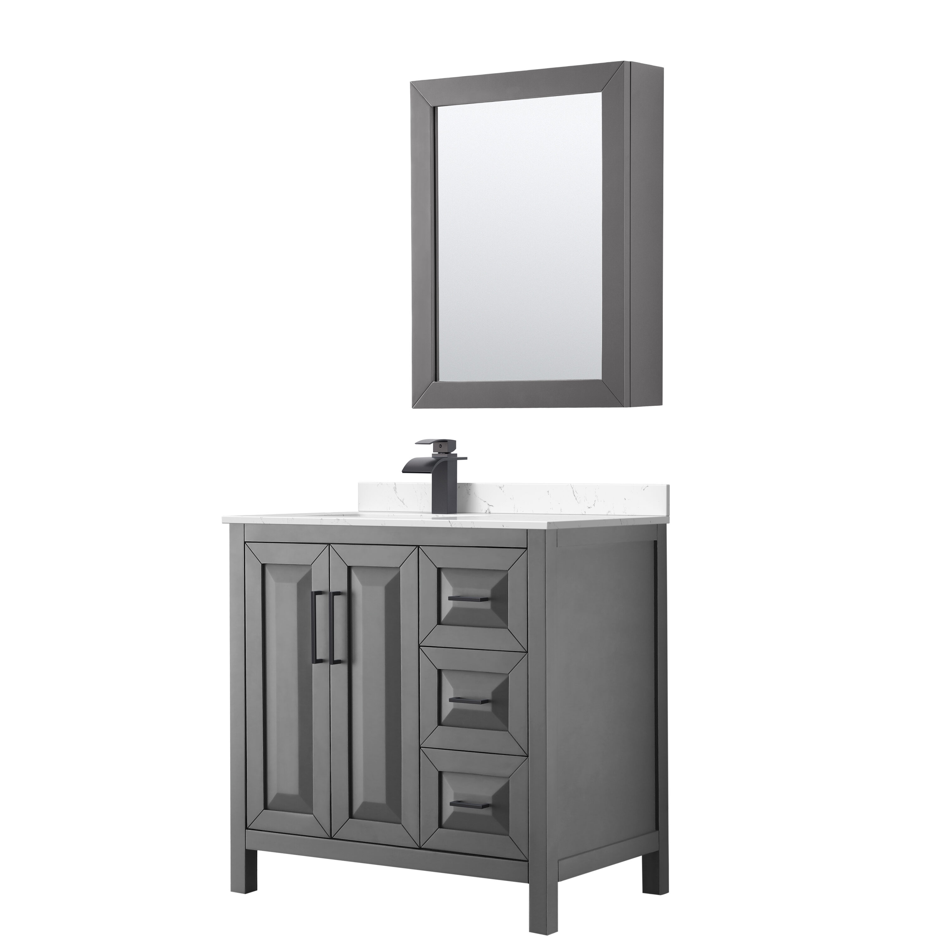 Wyndham Collection WCV252536SGBC2UNSMED Daria 36-in Dark Gray Undermount Single Sink Bathroom Vanity with Carrara Cultured Marble Top (Mirror Included)