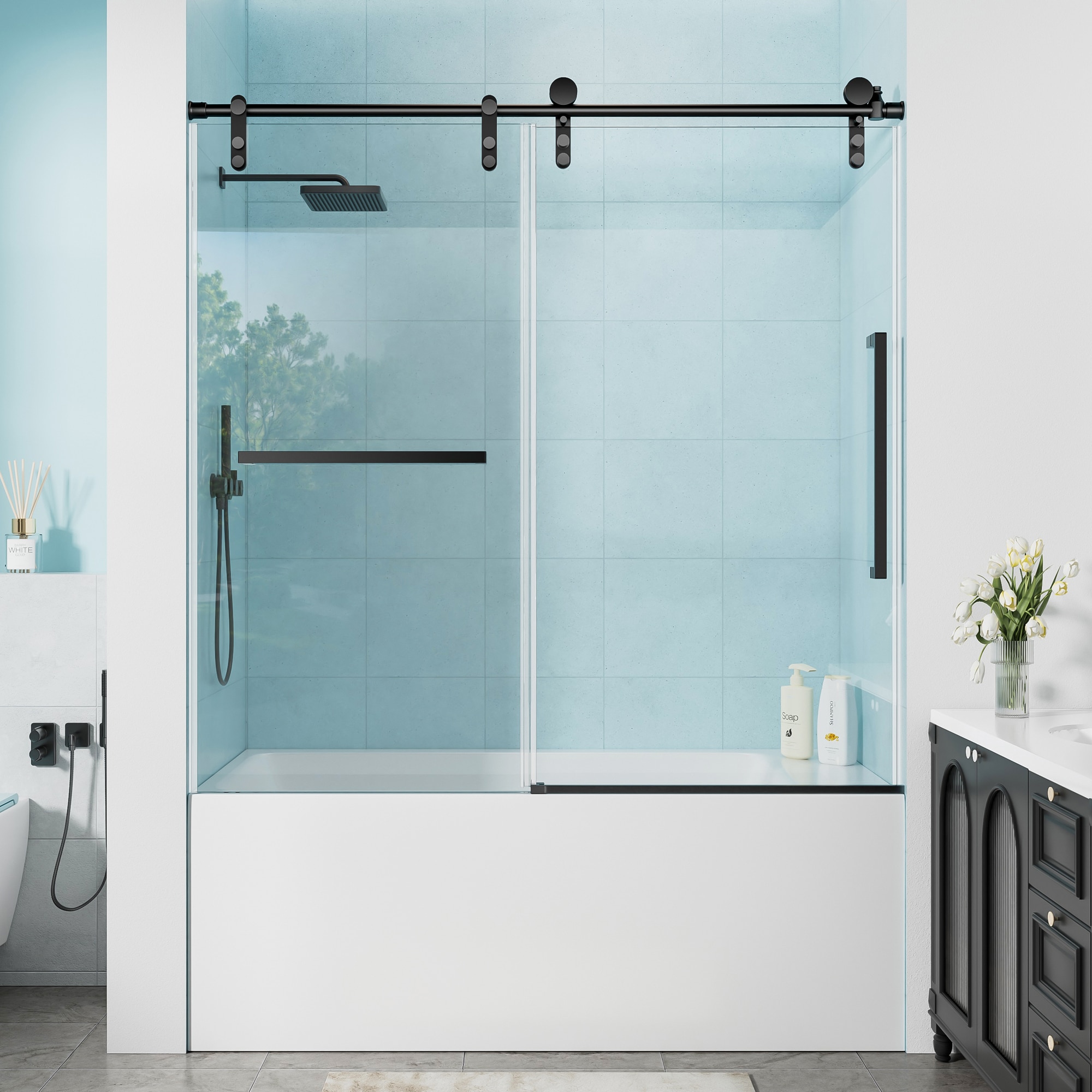 BEARSOLIM 56-in to 60-in W x 60-in H Semi-frameless Single Sliding Bathtub Door 5/16-in Tempered Glass with Explosion-proof Film