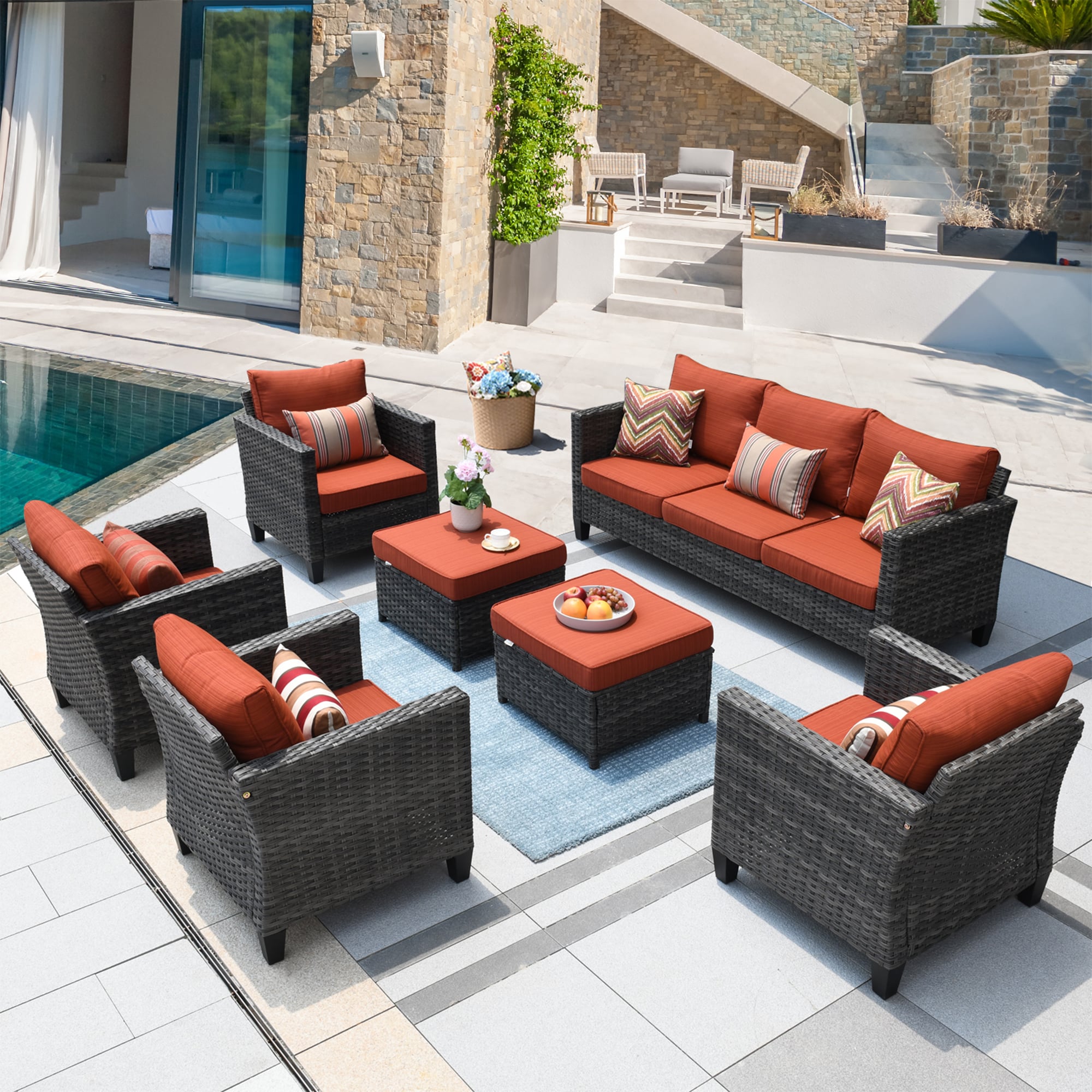 Ovios 7-Piece Rattan Patio Conversation Set with Orange Cushions in the ...