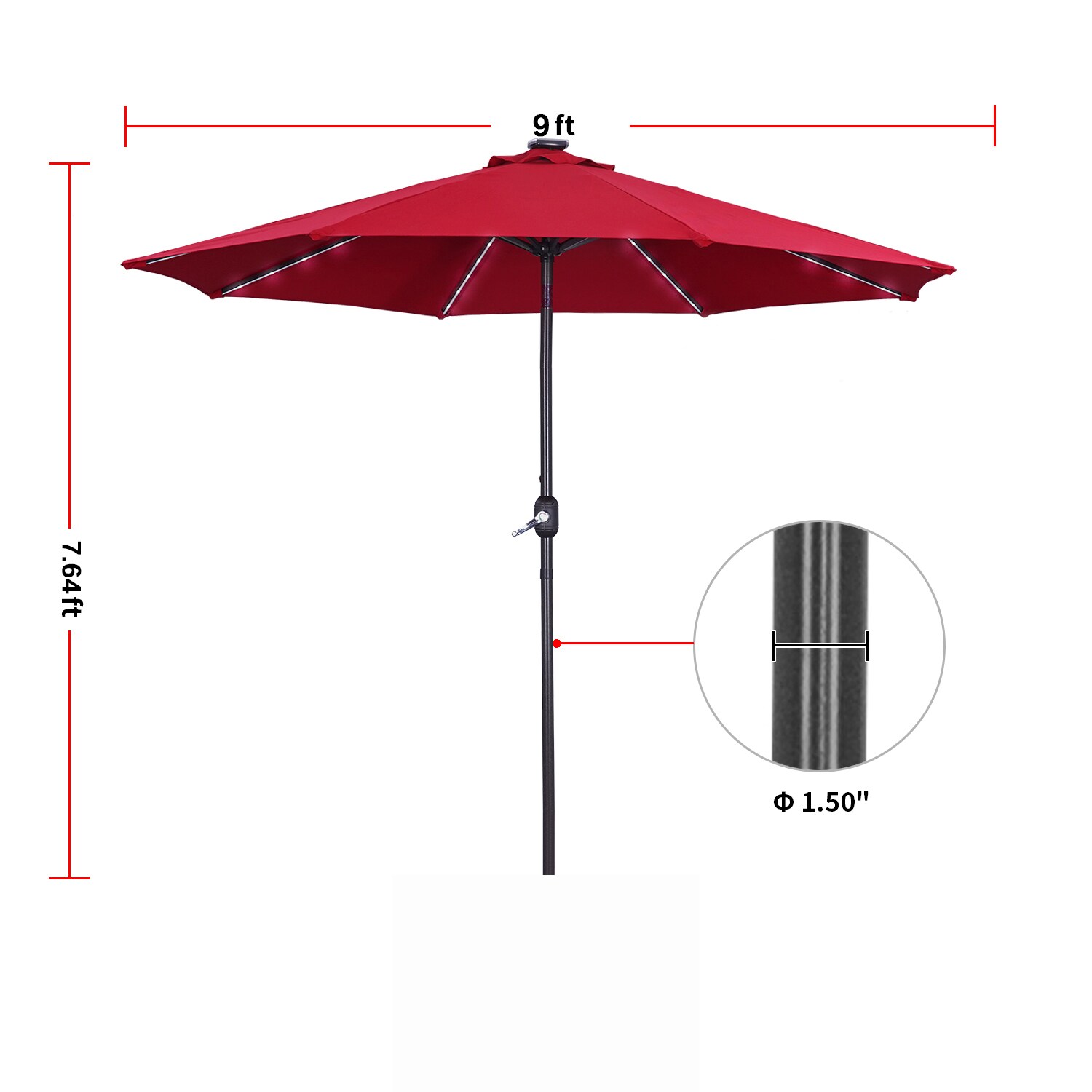 CASAINC 9-ft Red Solar Powered Crank Market Patio Umbrella in the Patio ...