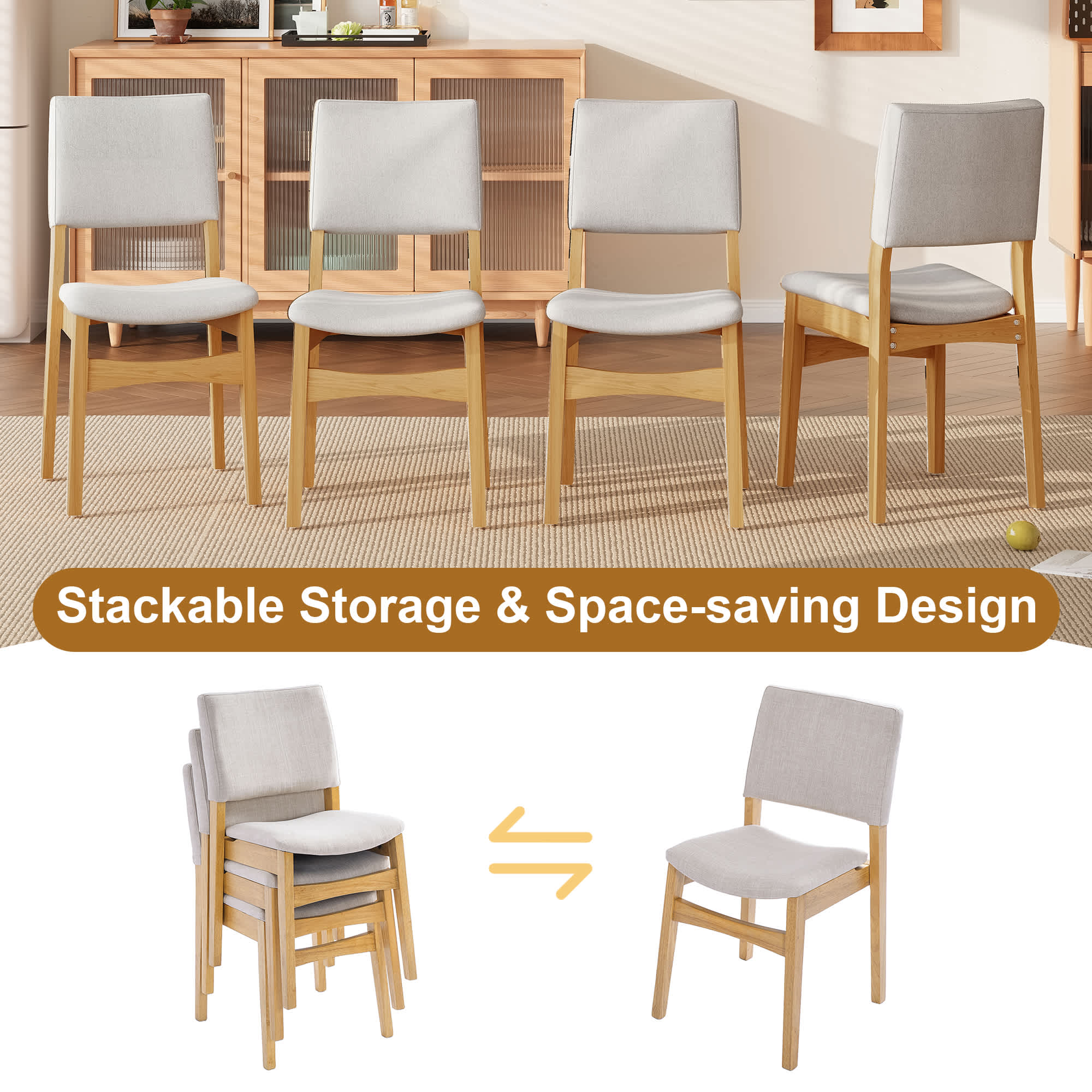 Vynxaria Set of 2 Stackable Dining Chairs Natural Linen Fabric Seat ...
