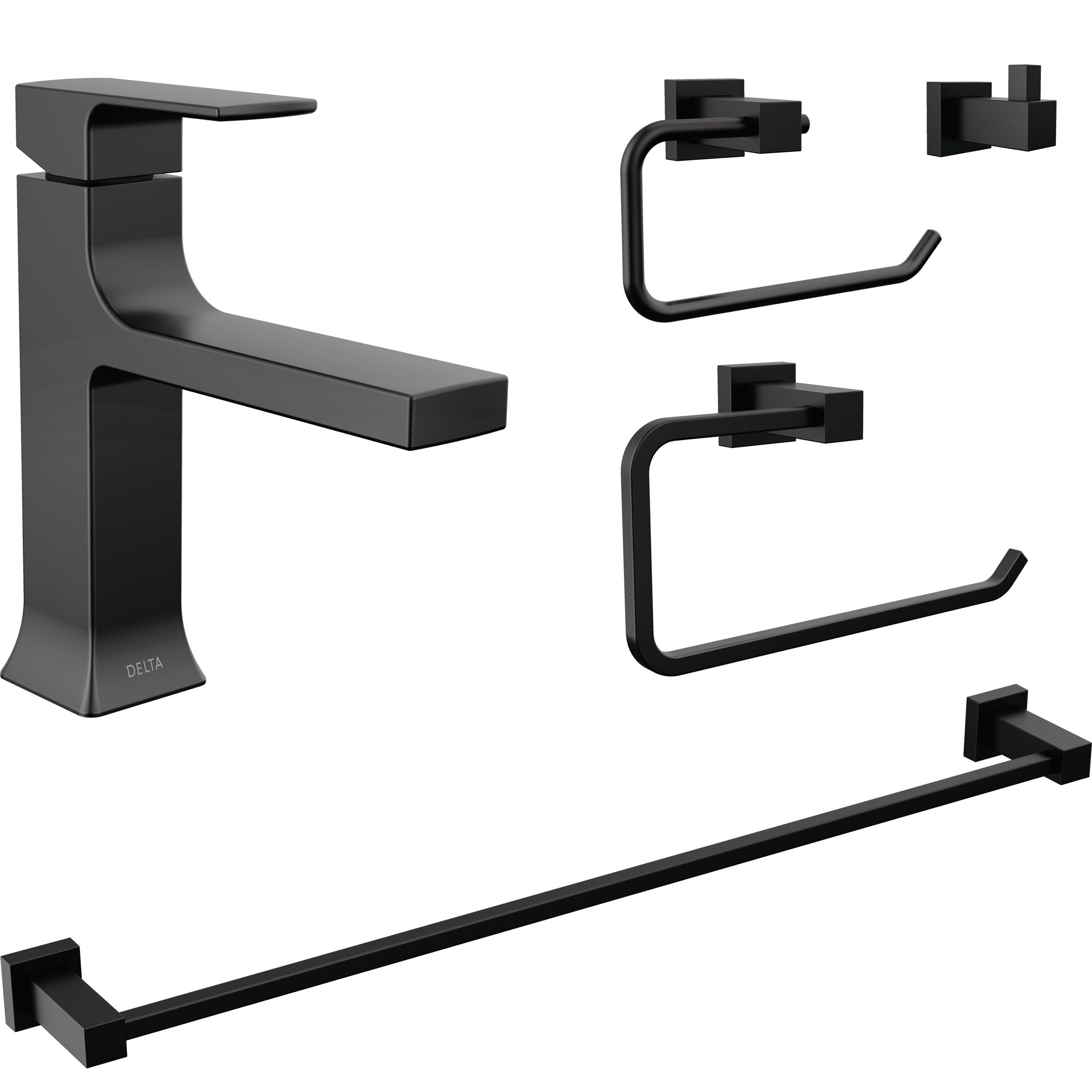 Delta Velum 1-Handle Matte Black Bathroom Sink Faucet with Bathroom Hardware Accessories: Tissue Holder, 24-inch Towel Bar, Robe Hook, Towel Ring