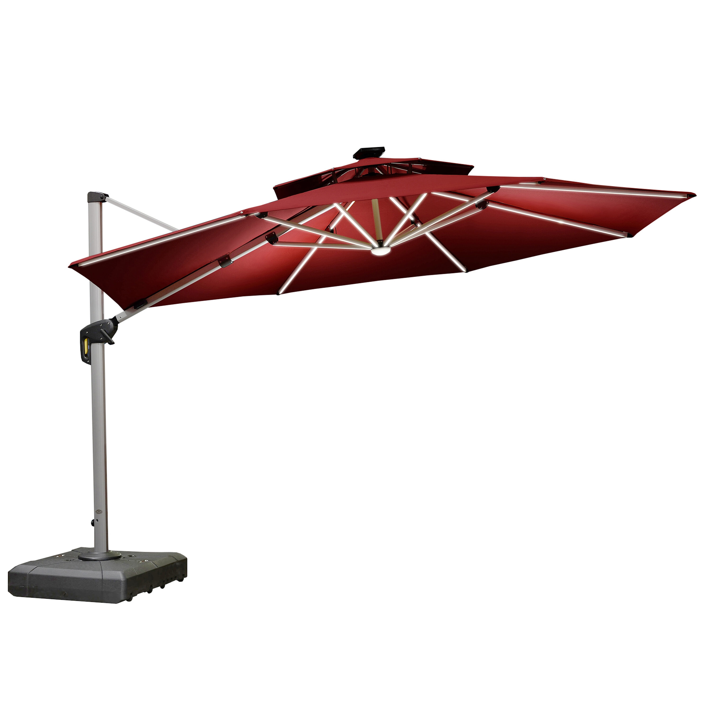 PURPLE LEAF LSGLRRDT12-BR 12-ft Aluminum Red Crank Cantilever Patio Umbrella with Lights and