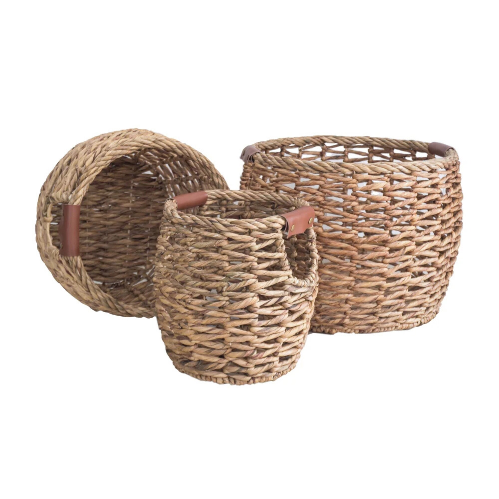 VNT Signature Handwoven Round Water Hyacinth Baskets With PU Leather Handles Set Of 3