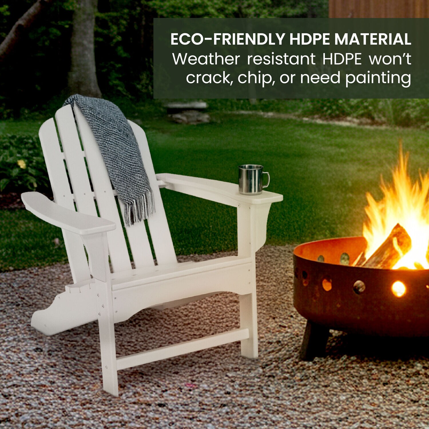 Hanover All-Weather White HDPE Frame Stationary Adirondack Chair