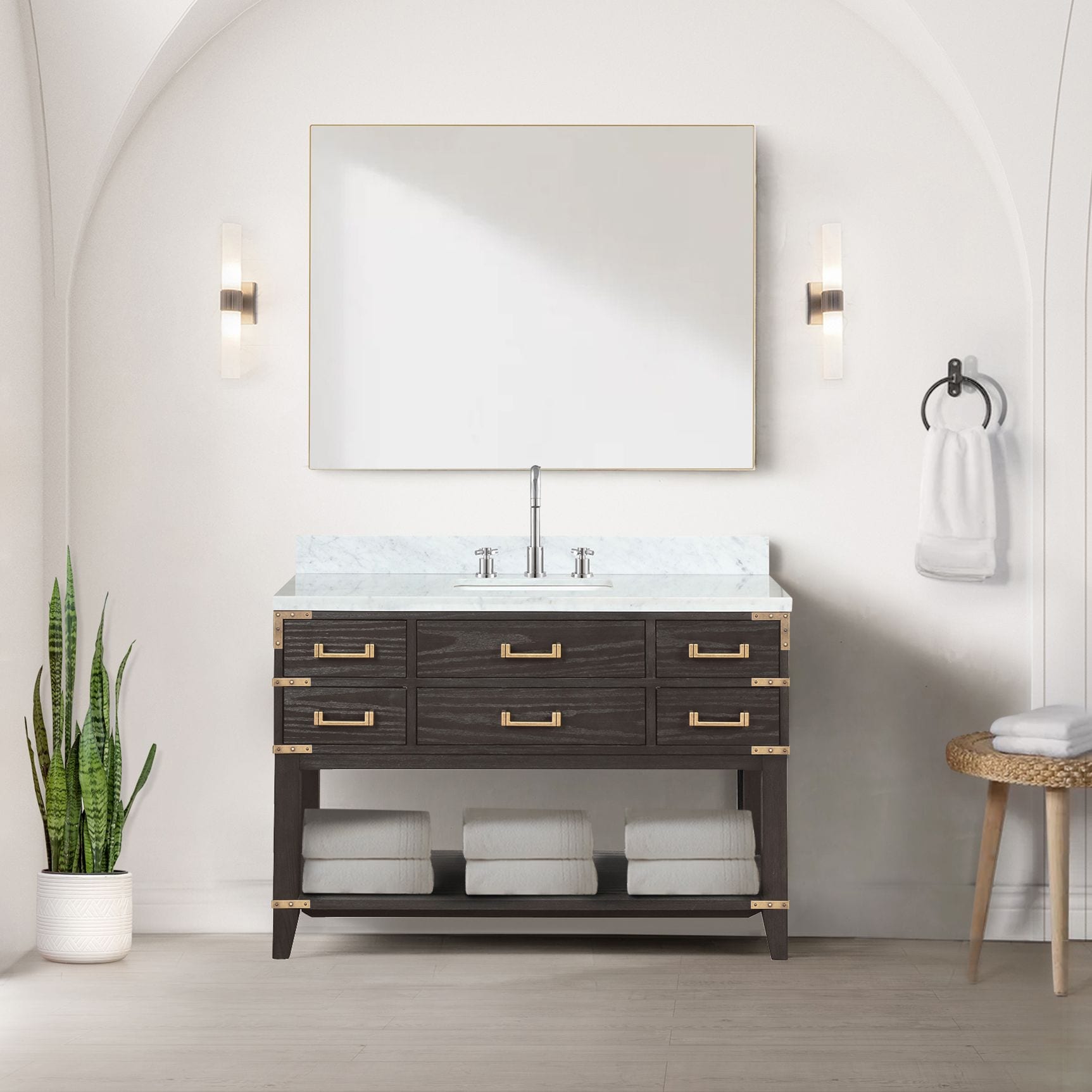 Lexora LVGR48SK101 Greenberg 48-in Brown Oak Undermount Single sink Bathroom Vanity with White Carrara Marble Marble Top (Faucet Included)