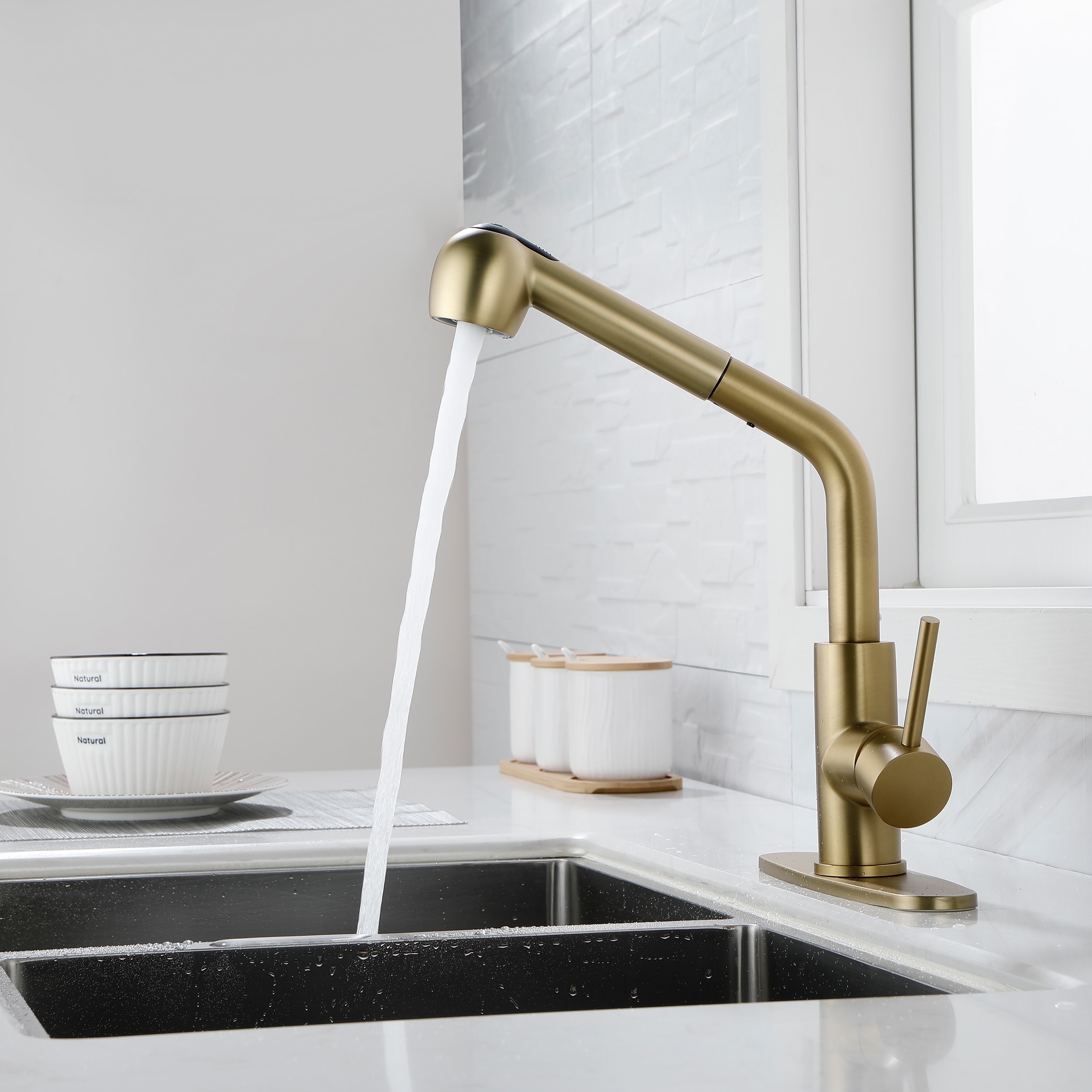 Utopia 4niture Brushed Gold Single Handle Pull-out Kitchen Faucet with ...