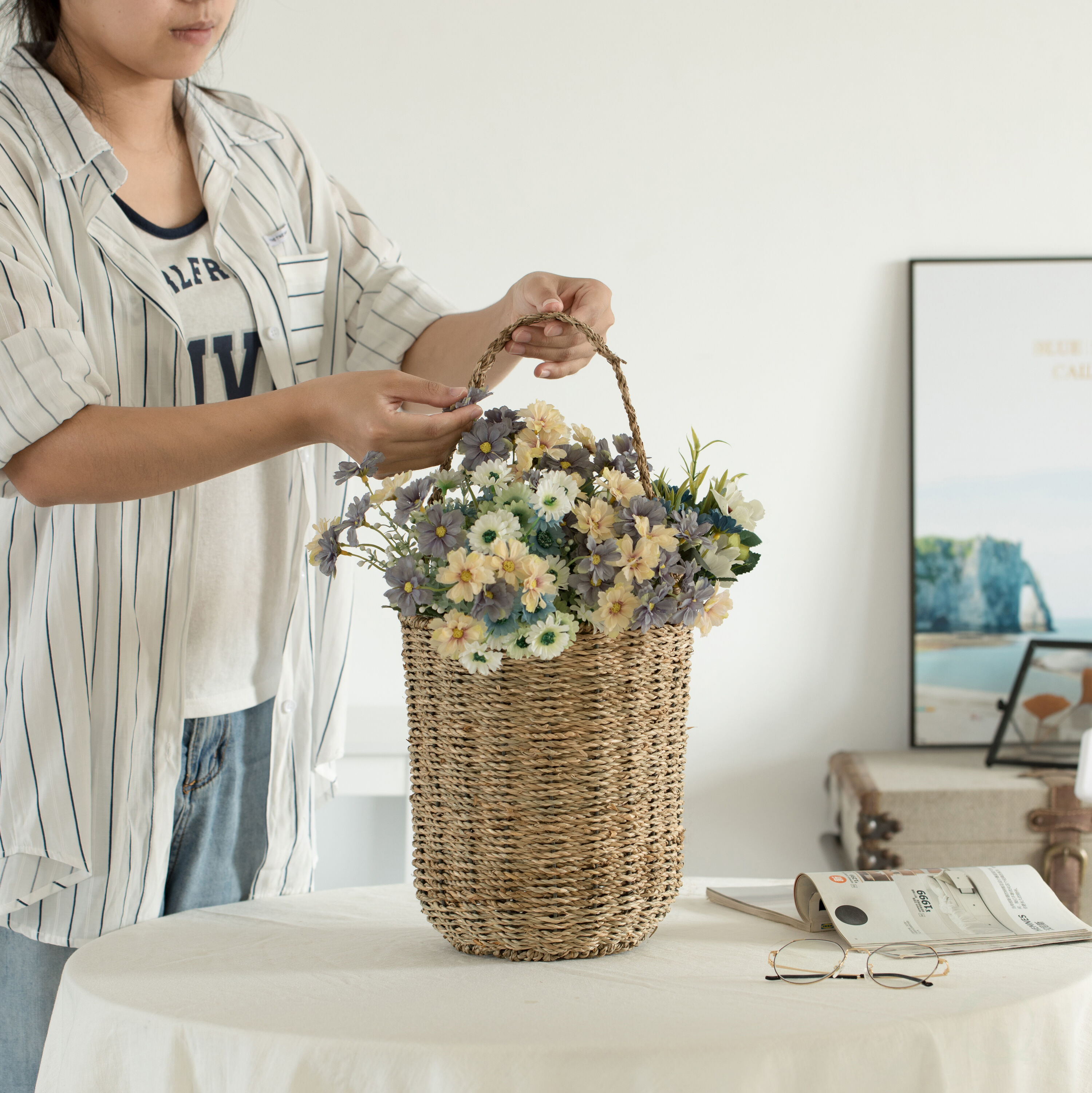 Natural Seagrass Woven Storage Basket with Handles
