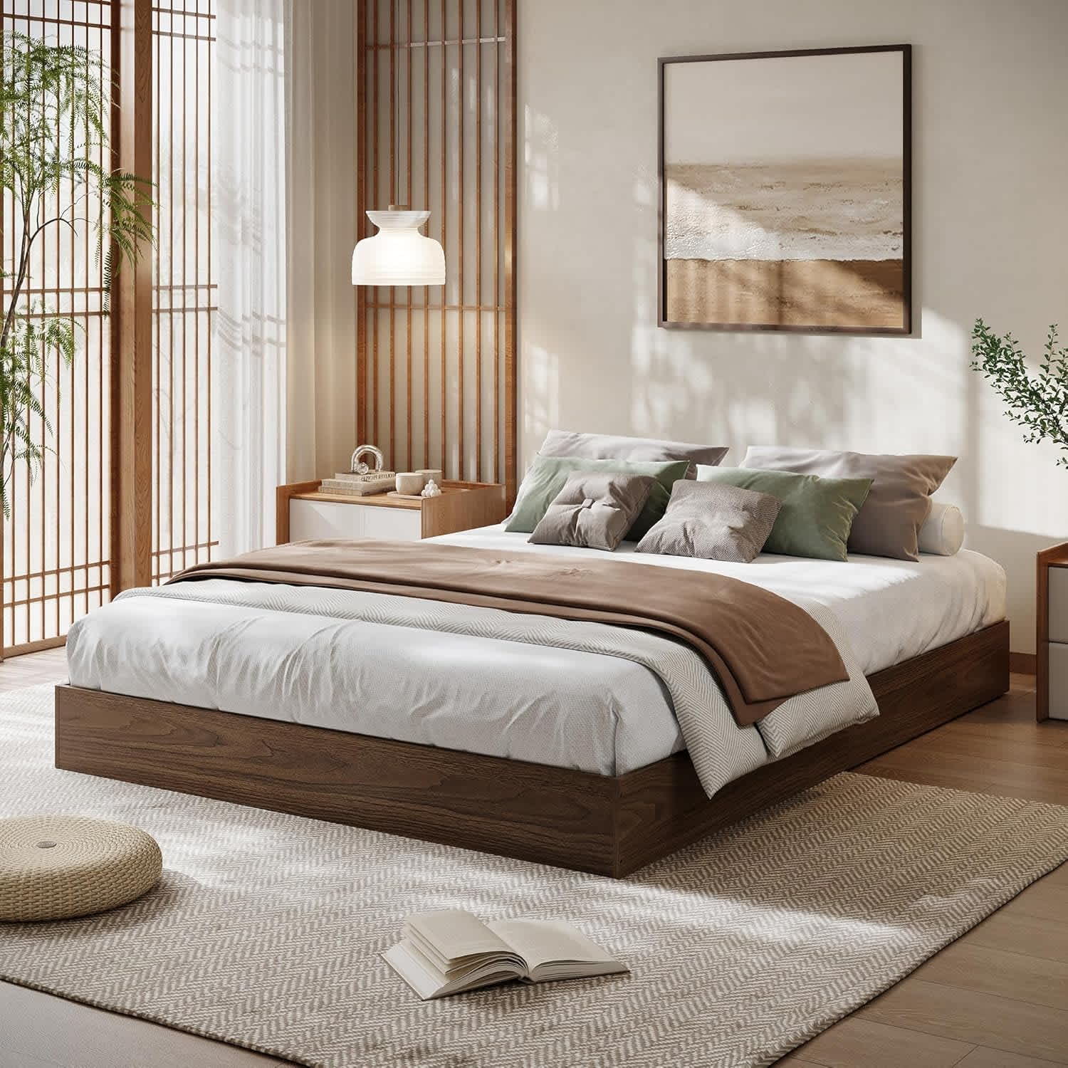 Qeetex LHF-BED-PHK-33D5CNRG King Size Wood Platform Bed Frame Wooden Bed Frame Without Headboard Wood Slat Support No Box Spring Needed Easy Assembly Walnut