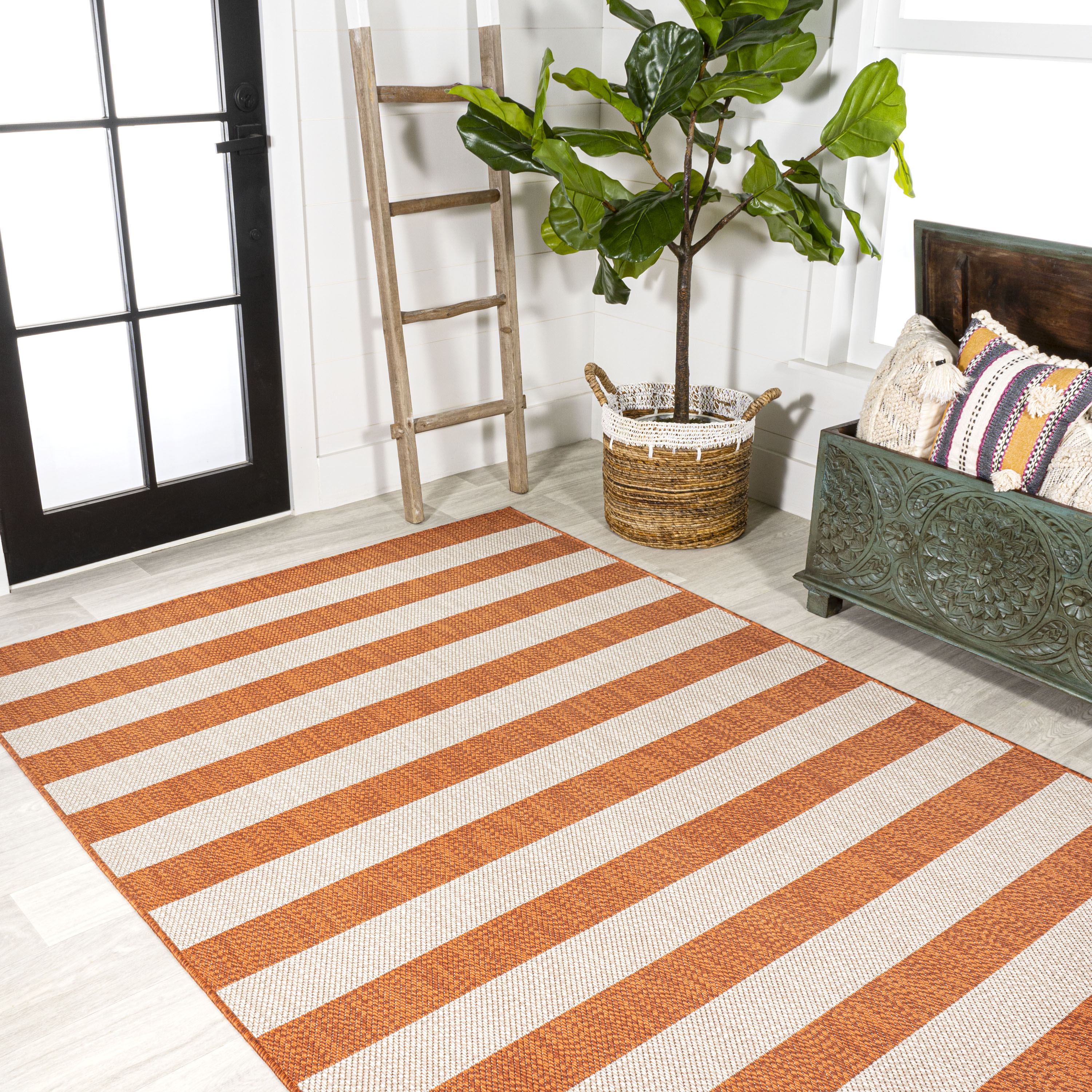 Reversible Orange and Beige Synthetic Stripe 4' x 6' Rug