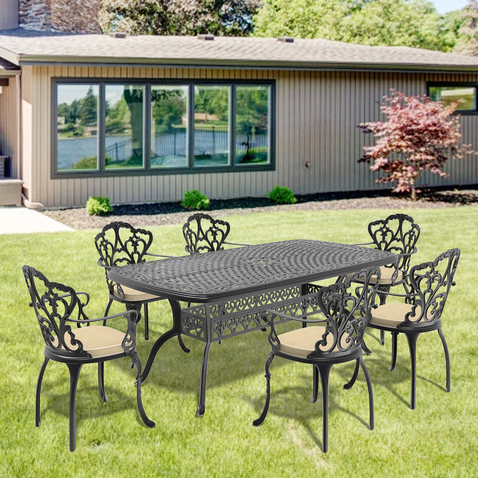 nicesure SLBK6047CZ6A1174RC 7 -Piece Black Patio Dining Set Aluminum Rectangle Table with 6 Cushions Stationary Chairs
