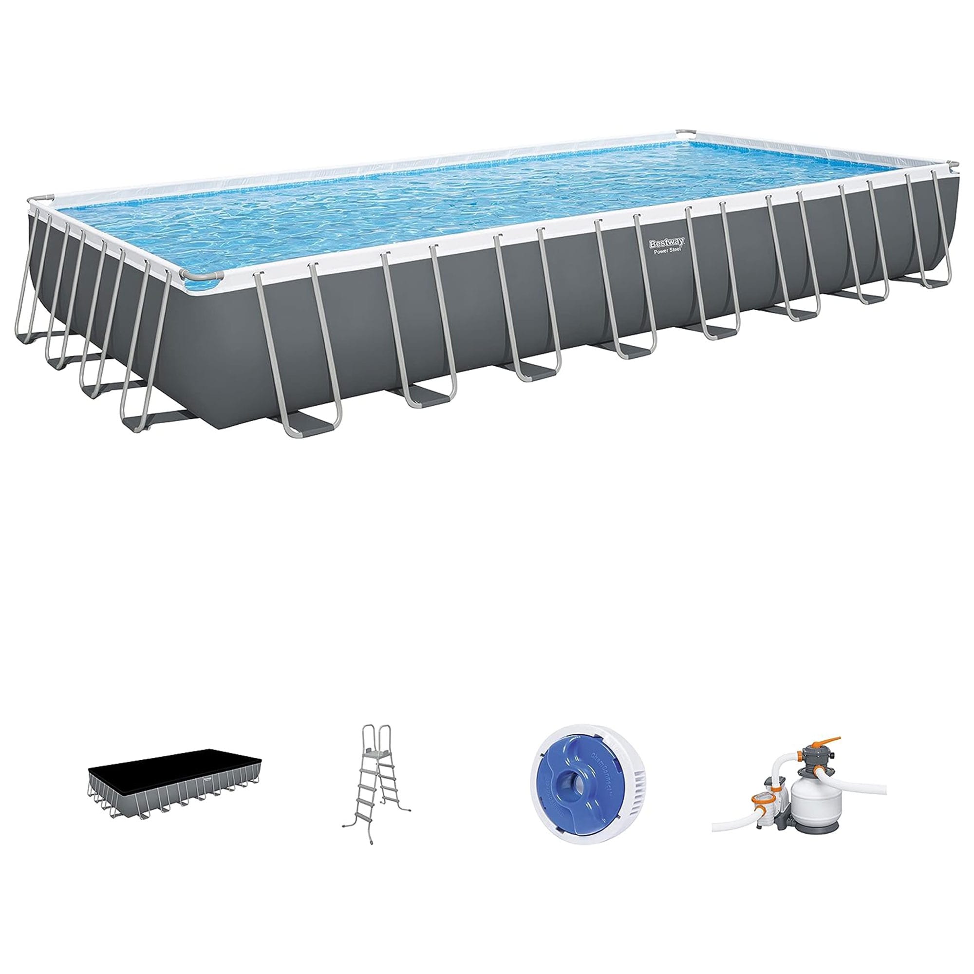 Bestway 31-ft x 16-ft x 52-in Metal frame Rectangle Above-Ground Pool with Filter Pump with Ground Cloth with Pool Cover with Ladder