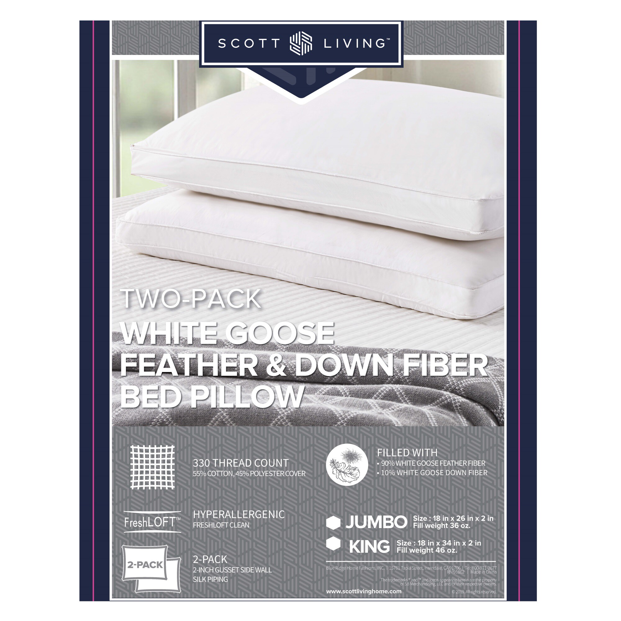 Blue Ridge Home Fashions Jumbo 2-Pack Down Pillows in White
