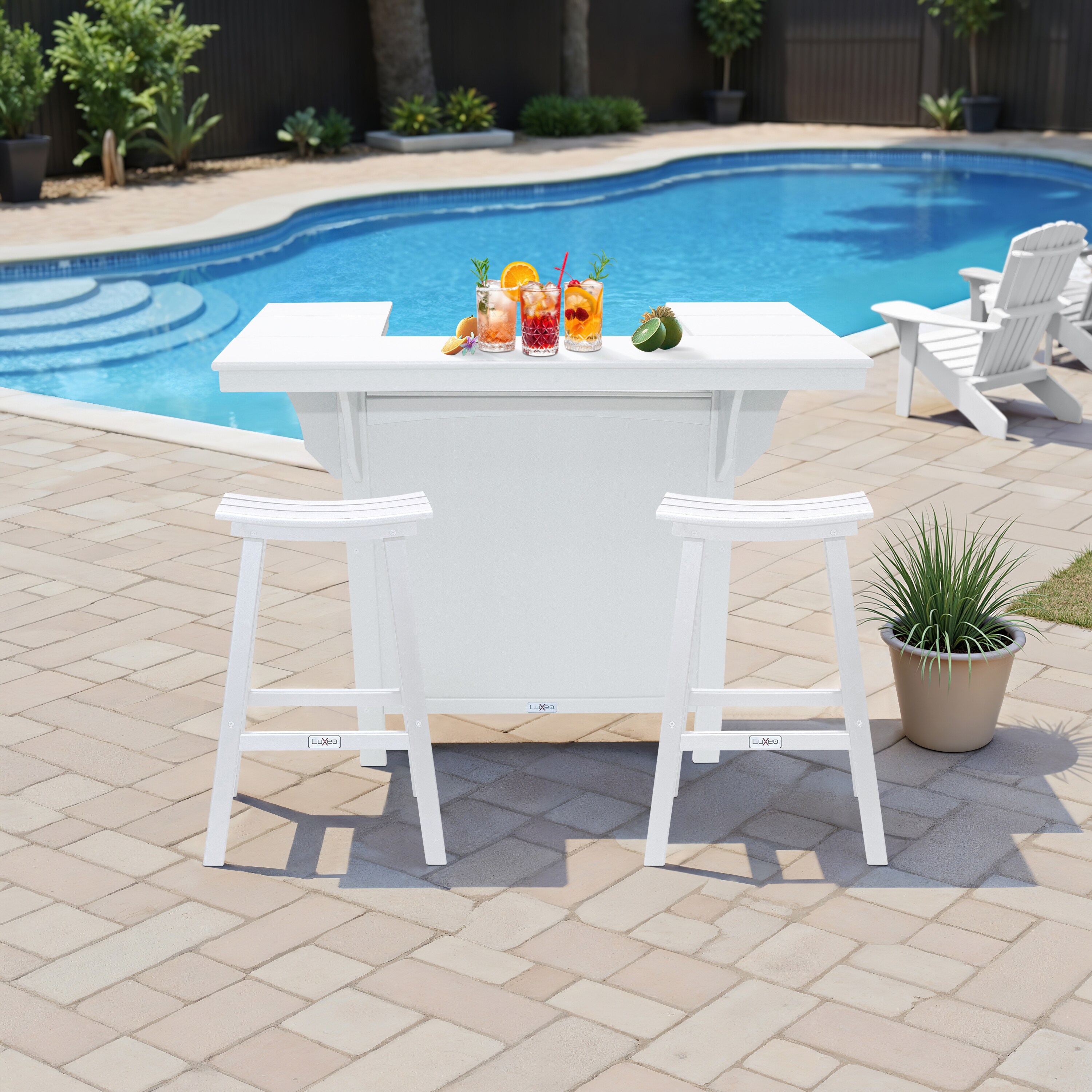 LuXeo 1660-WHT2-SBC Bailey-Cabo Serving Bar, 3-Piece White Plastic Patio Bar