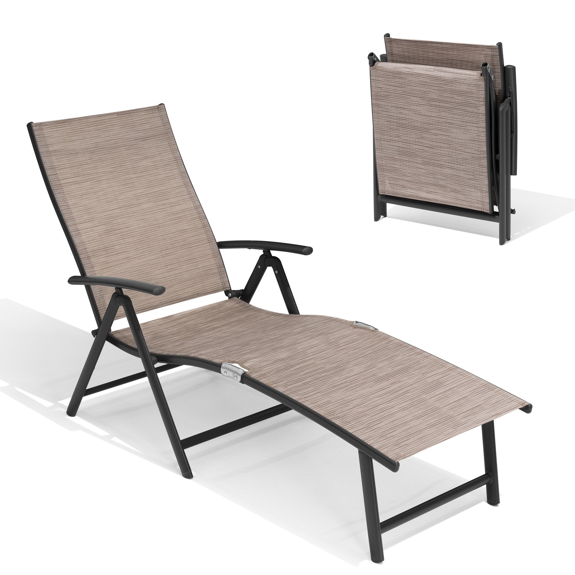 Crestlive Products CL-LG001ESS-1 Folding Patio Chaise Lounge Chair for Outside (1PC Ess) Dark Gray Aluminum Frame Stationary Chaise Lounge Chair with Tan Textilene Mesh Seat