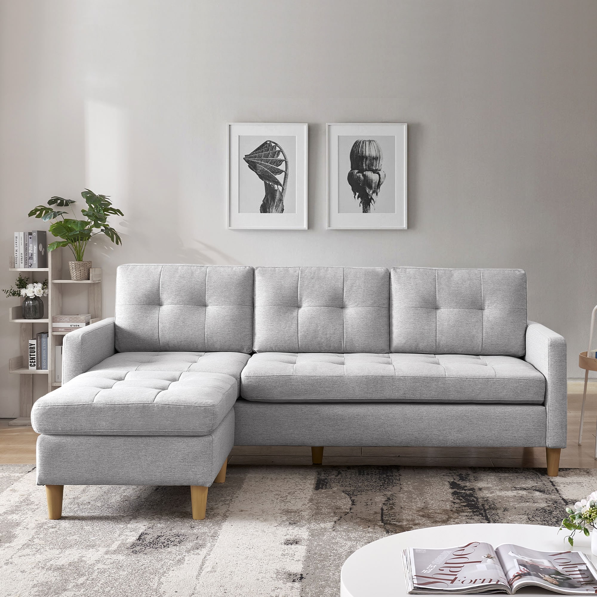 Light Grey Tufted Velvet Two Piece Sectional Sofa with Ottoman