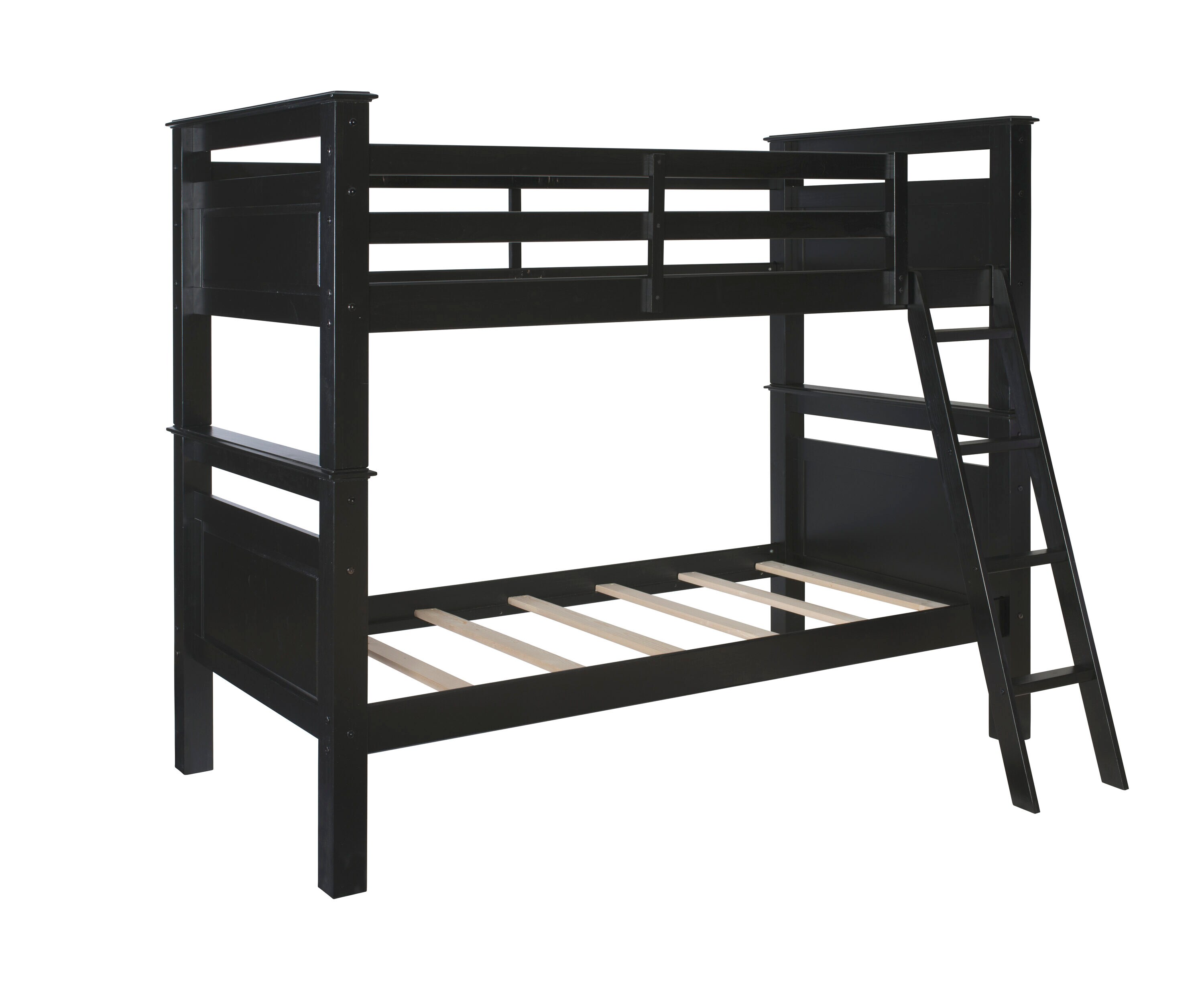 Twin Over Twin Bunk Bed, Black Finish, Crown Molding and Cutout Details, Built-in Ladder | - Powell PWLS620