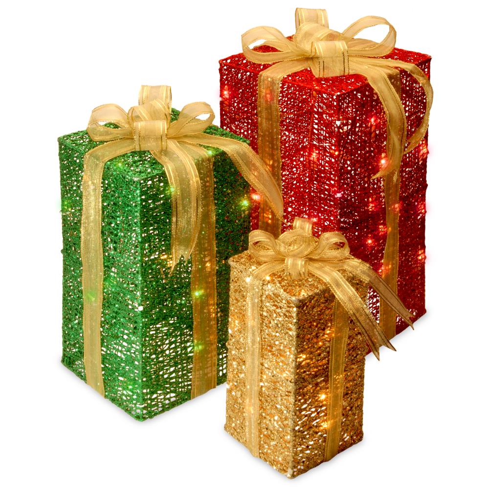Christmas Home Gift Box Decorations Silver Bow Pre-lit Present Boxes ATDAWN Set of 3 Lighted Gift Boxes Christmas Decorations 