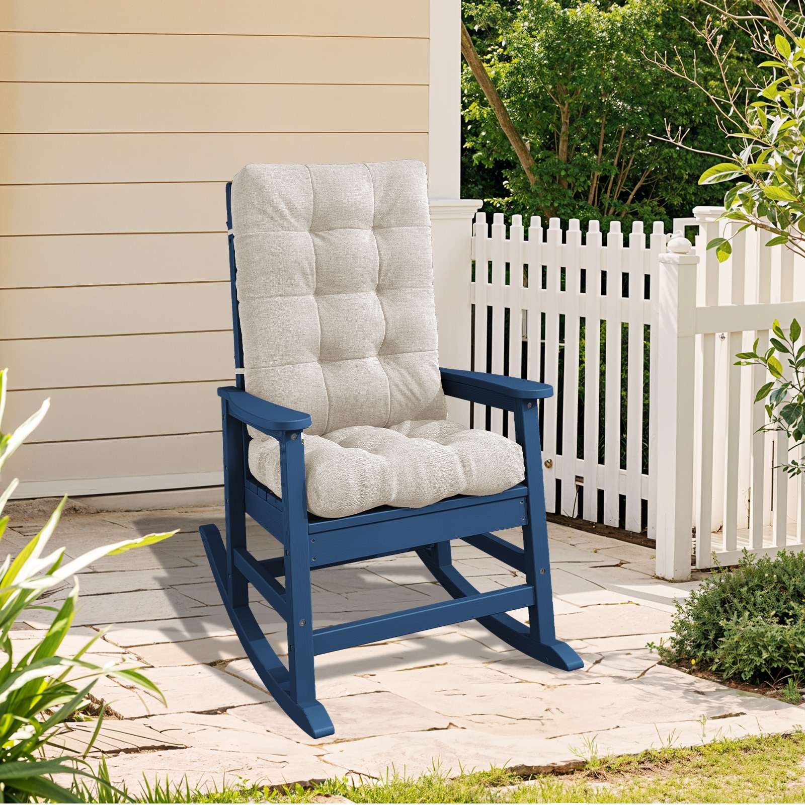 JEAREY 03YY-DZ-NB Patio Rocking Chair with Cushion Navy HDPE Frame Rocking Chair with Beige Cushioned Seat