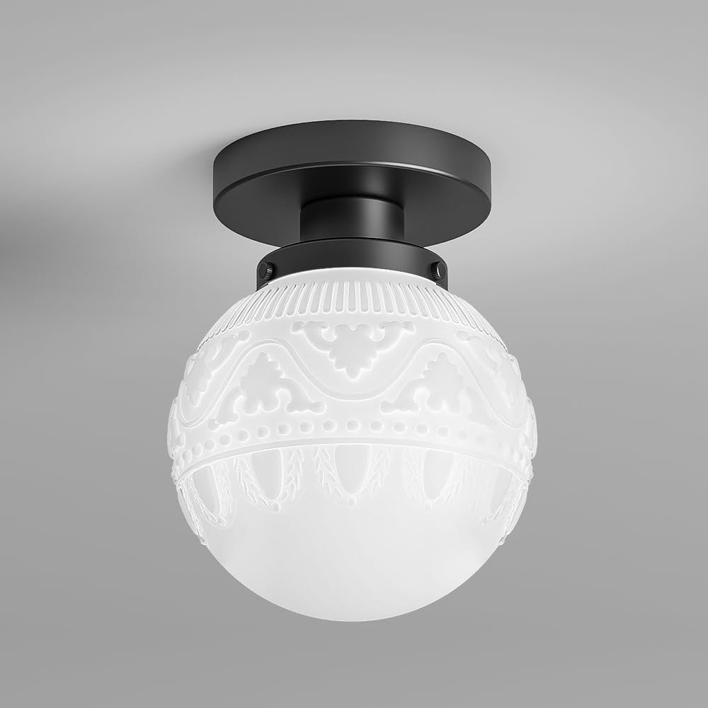 IUEST  Semi Flush Mount Ceiling Light Modern Globe Milk Glass Ceiling Light Fixture Vintage Small Black Hallway Light Fixtures for Kitchen