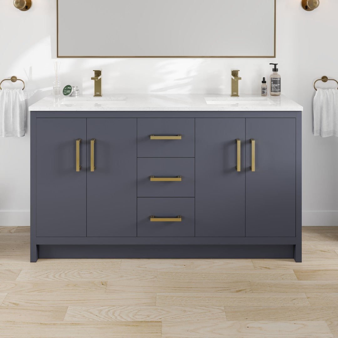Eviva EVVN812-60X18DB Curio 60-in Dark Blue Undermount Double Sink Bathroom Vanity with White Quartz Top