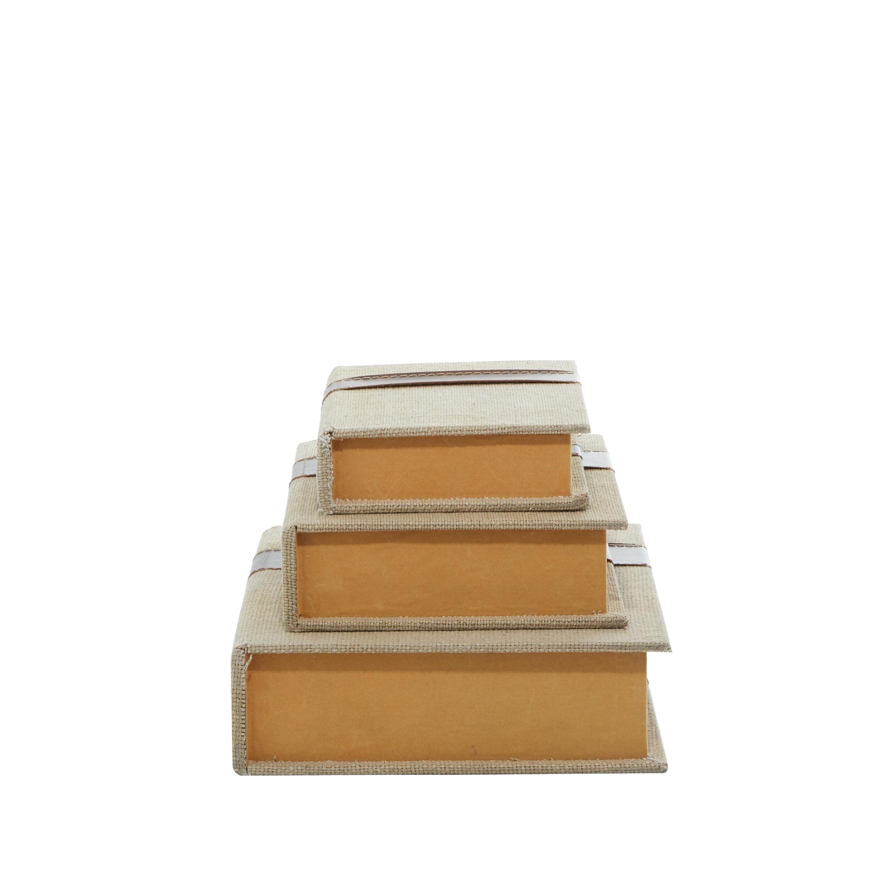 Set of 3 Beige and Brown Burlap Faux Leather Book Boxes