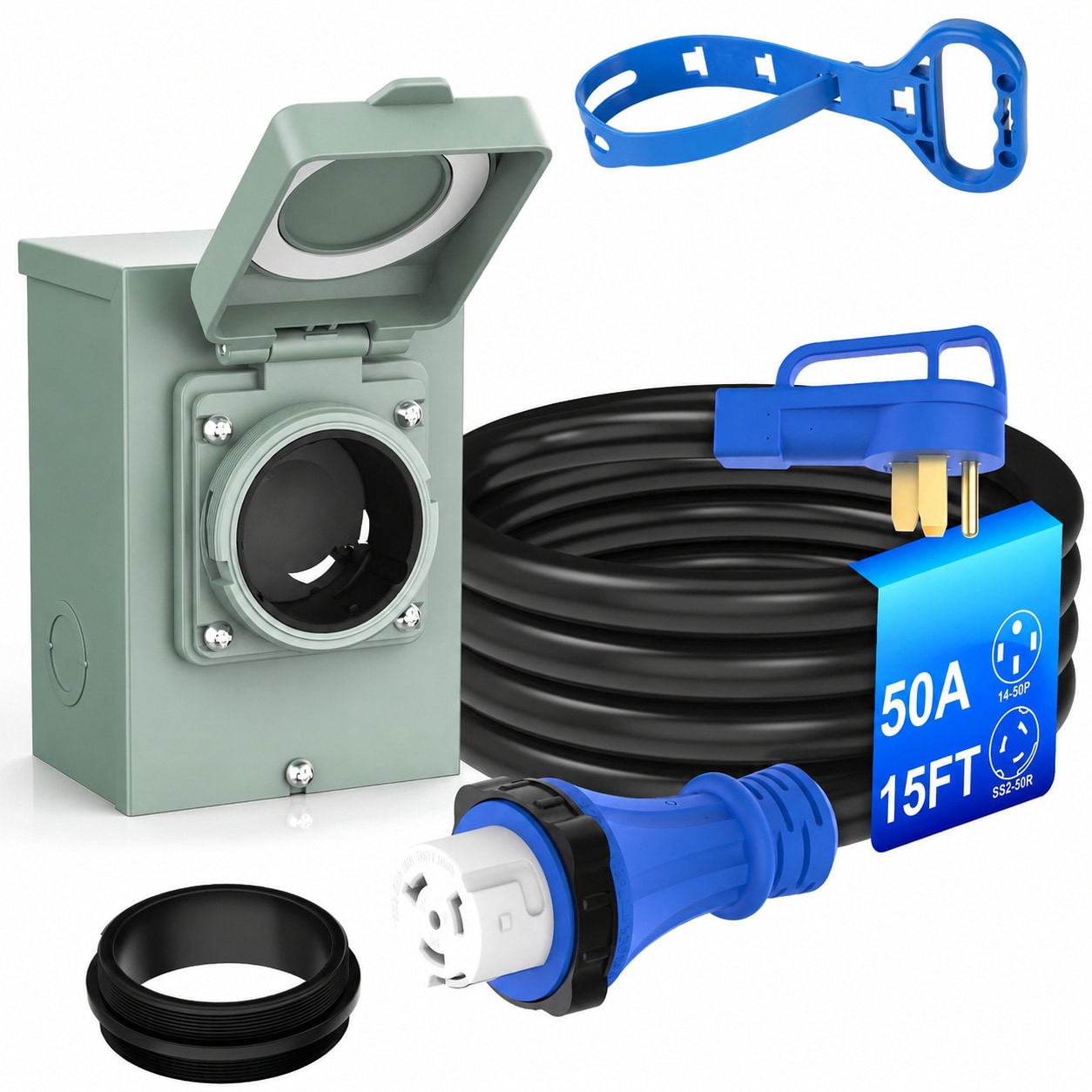 Misopily 50 Amp Power Inlet Box and 15FT Generator Cord Kit 125V 250V NEMA 14 50P to SS2 50R Twist Lock Weatherproof Outdoor RV Extension Heavy #LMS0528M070