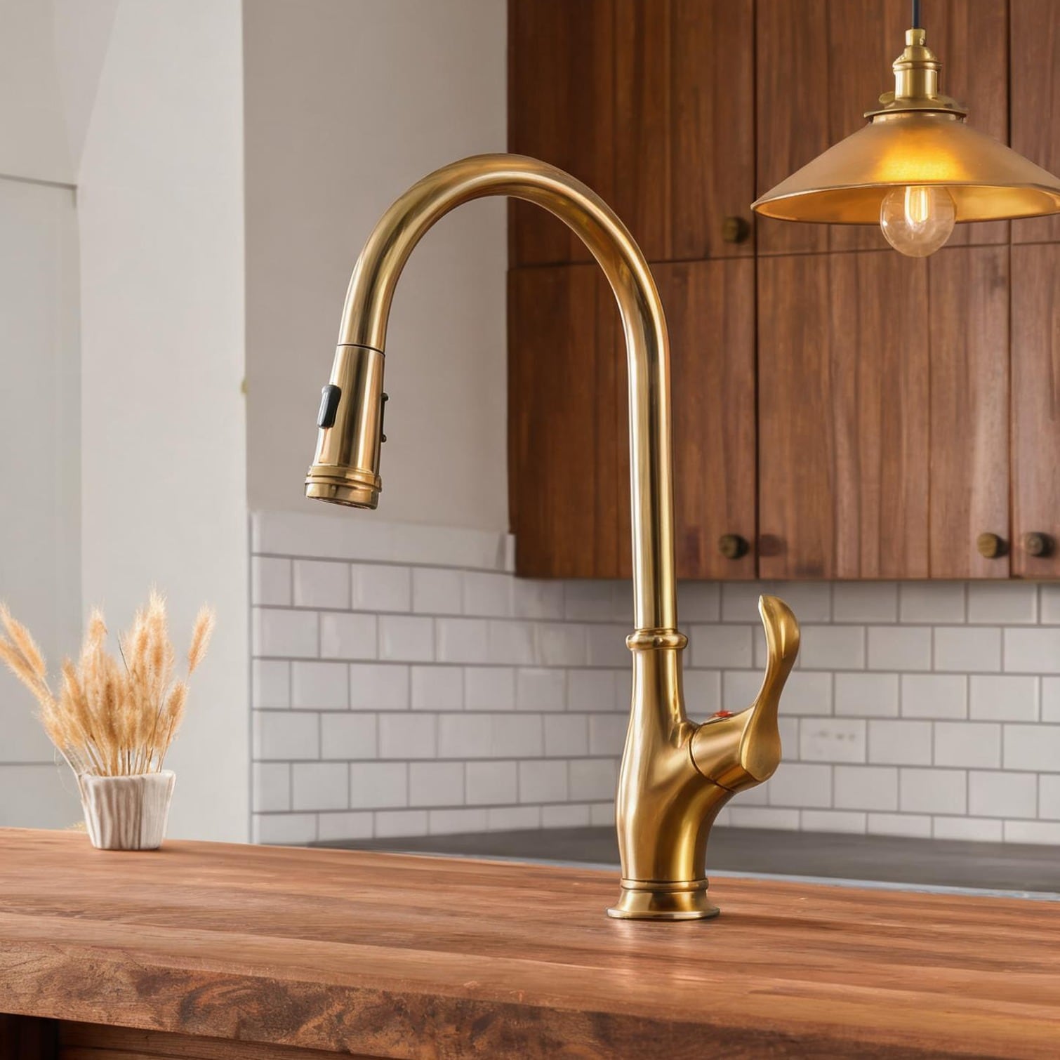 Naturefalls - Single-Hole High-Arc Pull-Out Kitchen Faucet in Brushed Gold Finish Zinc Constructi...