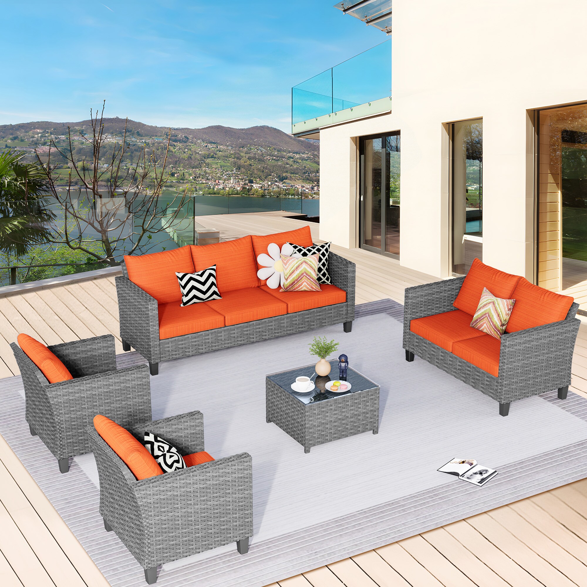 XIZZI XSQL8153T Gaea 5 -Piece Rattan Patio Sofa Conversation Set with Orange Cushions