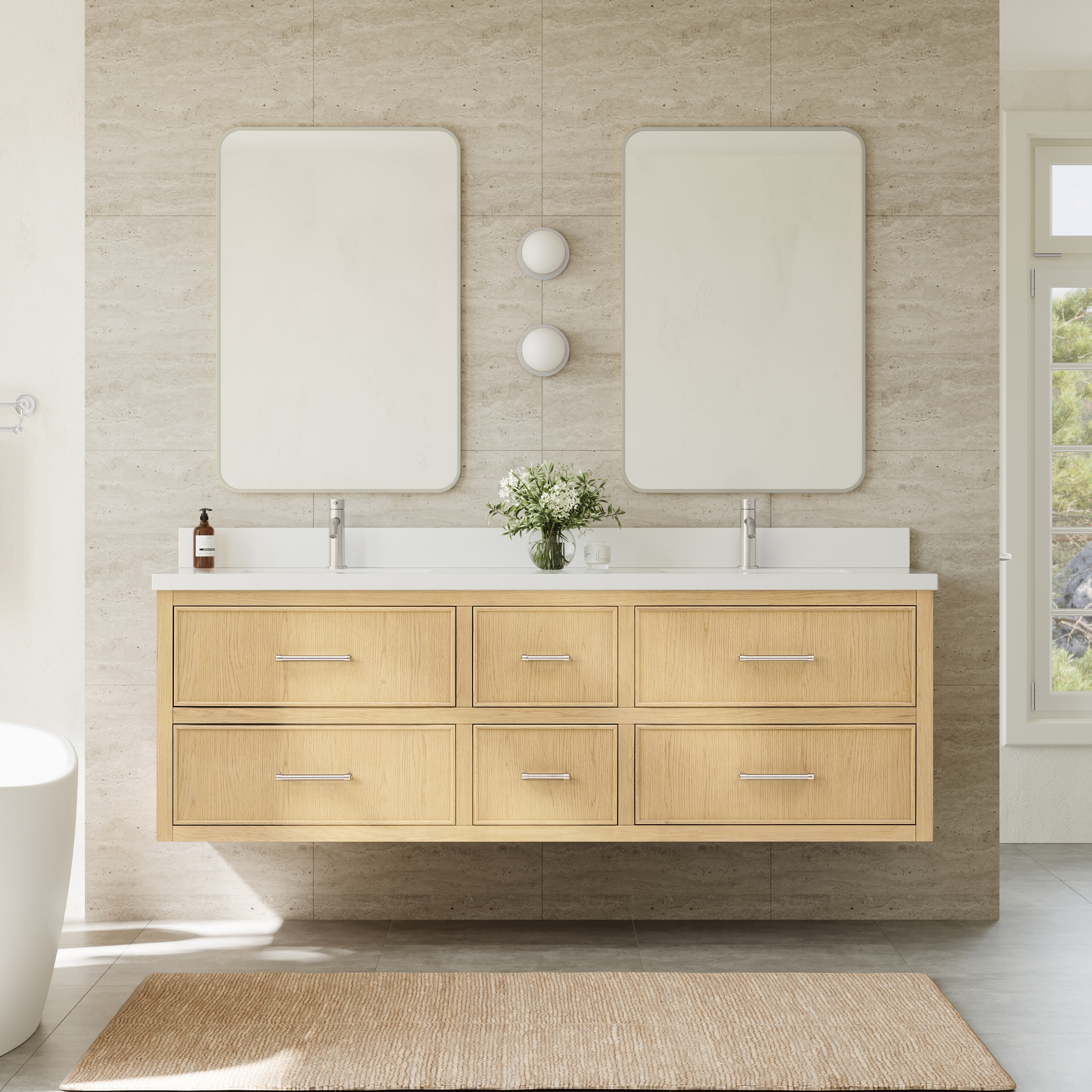 Wyndham Collection Isola WM 72 Inch Double Wall Mounted Bathroom Vanity in Scandinavian Oak, White Quartz Countertop, Undermount Square Sinks (1-Hole), Brushed Nickel Trim